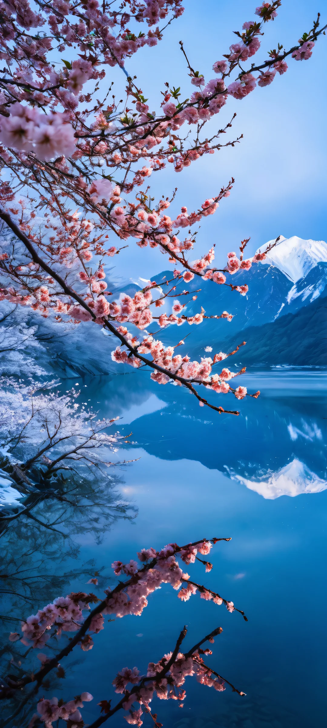 Beautiful cherry blossom branches against a cloudy sky with icy waters and snowy peaks, perfect for your iPhone/Android home screen.