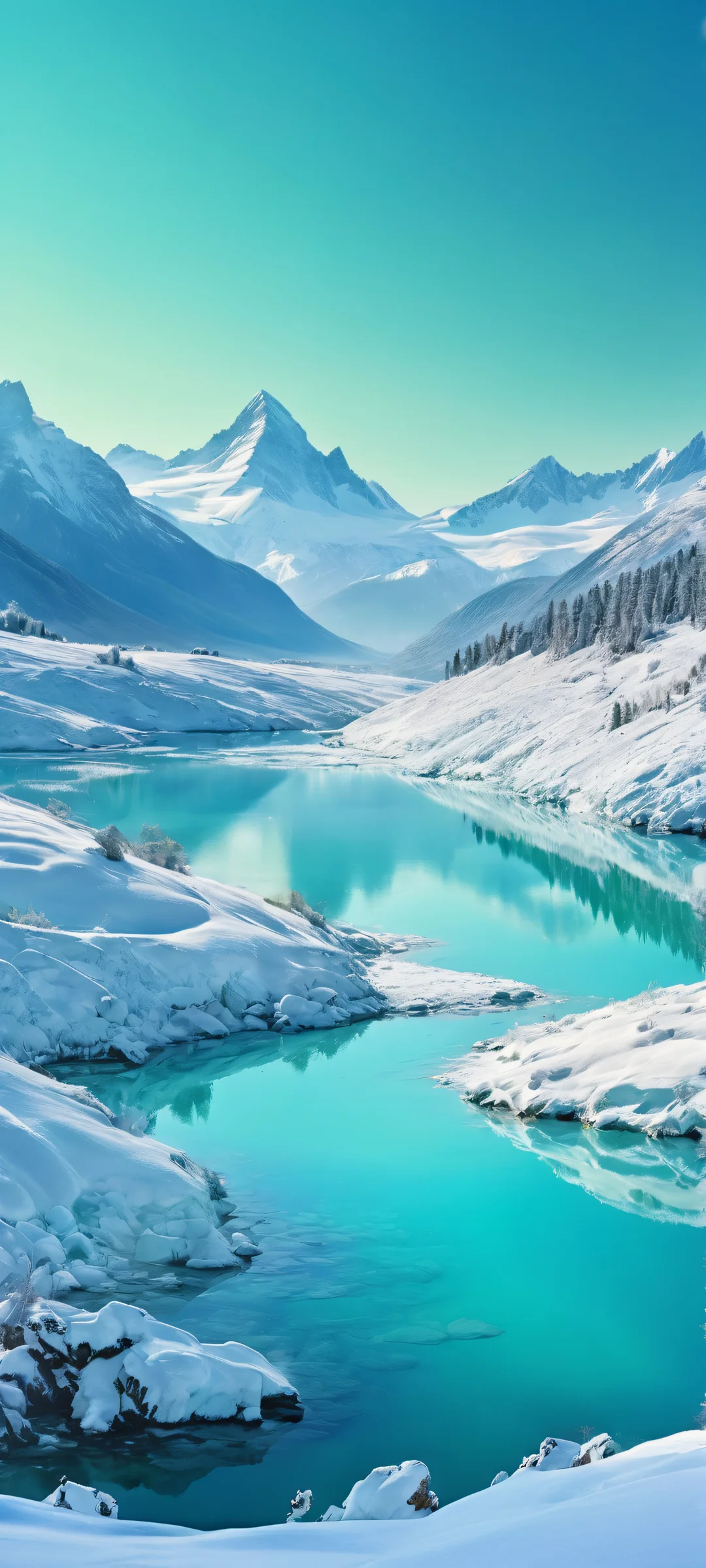 Breathtaking vertical mobile wallpaper featuring a panoramic view of the snowy landscape under a cosmic dawn sky, perfect for iPhone/Android home screens.