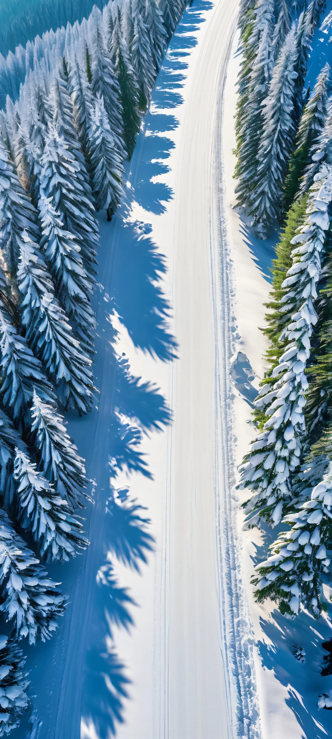 Snowy Forest Morning QHD Smartphone Background A serene aerial view of a snowy forest road, showcasing the beauty of morning sunlight and shadows on iPhone/Android devices.