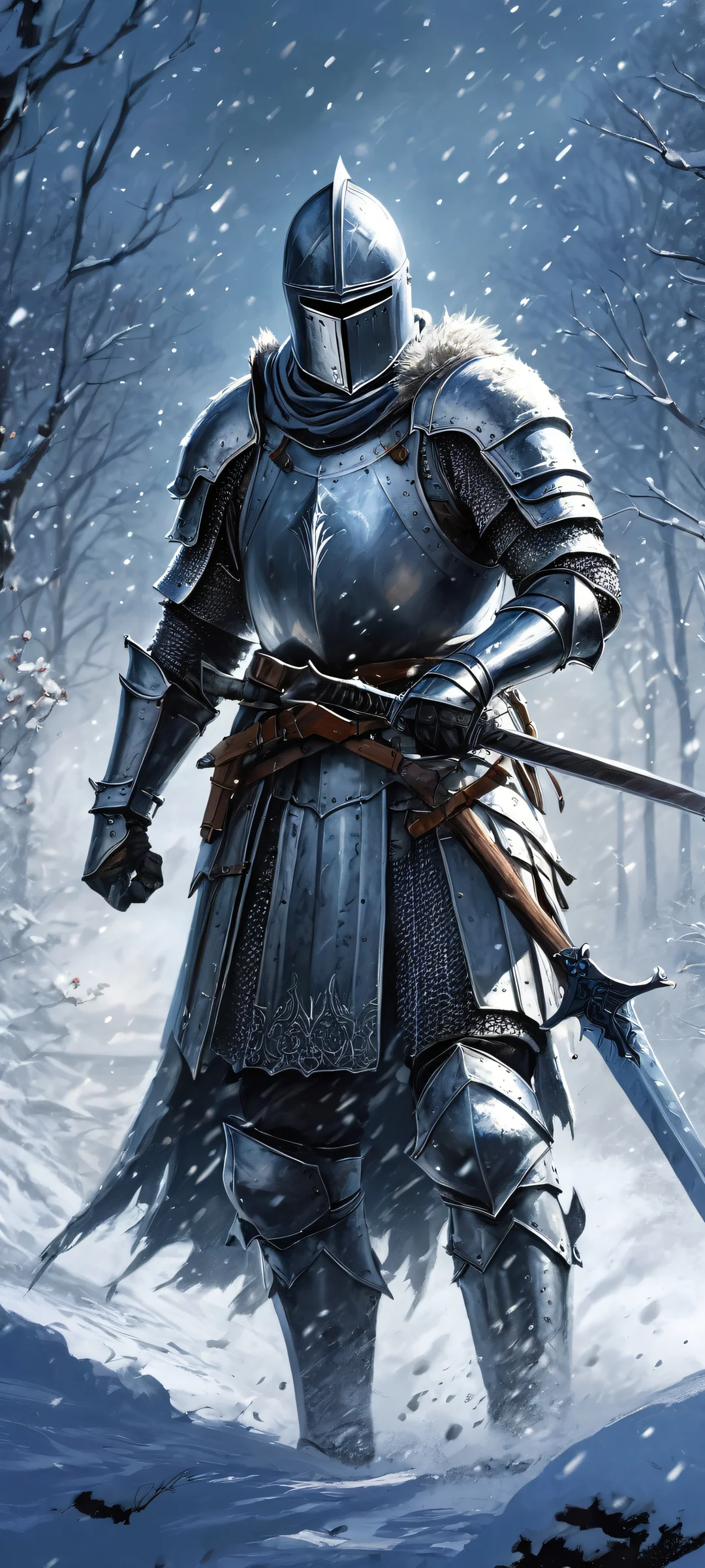 A majestic knight stands watch under a blanket of snow - perfect for iPhone/Android home screens.