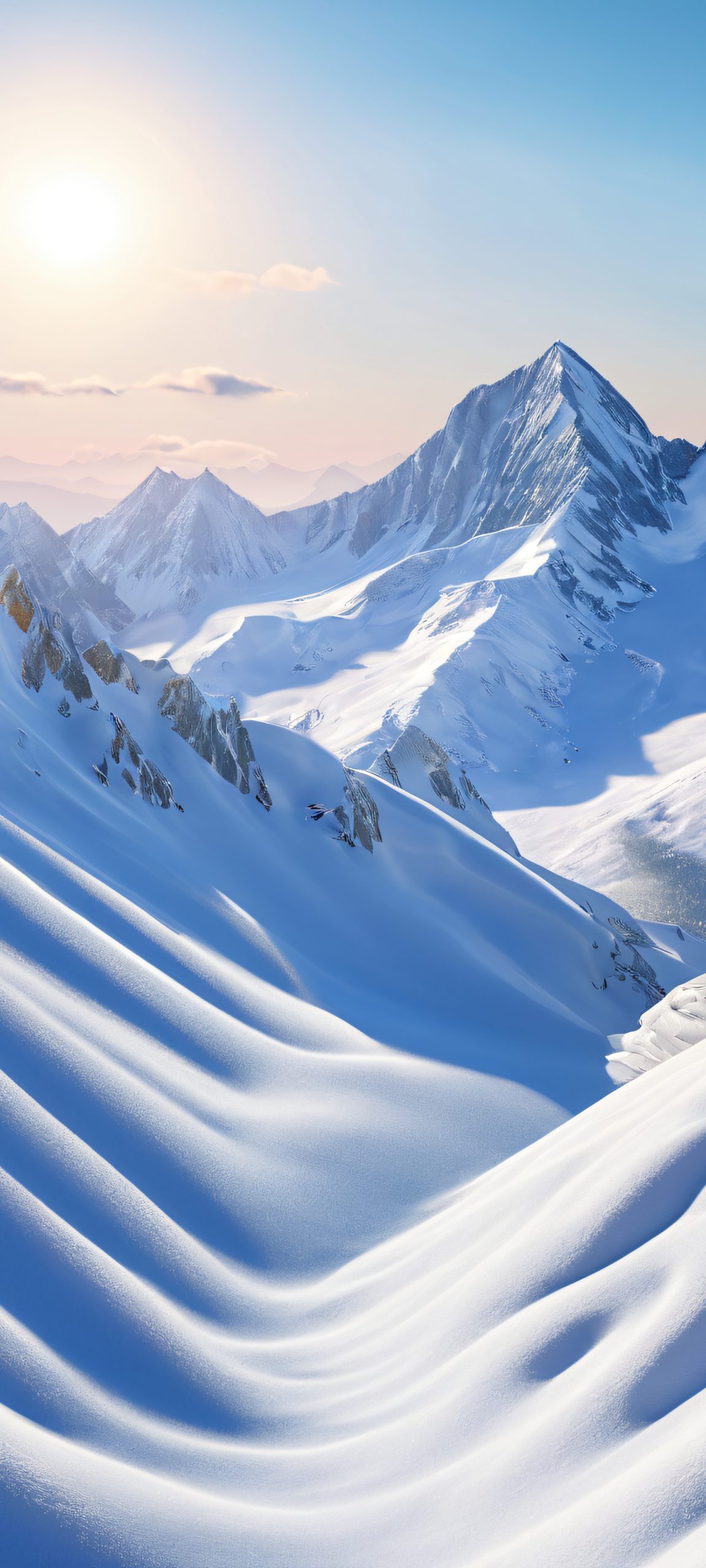 Snowy Mountain Serenity 2K QHD Home Screen A stunning snowy mountain landscape perfectly suited for your iPhone or Android device.