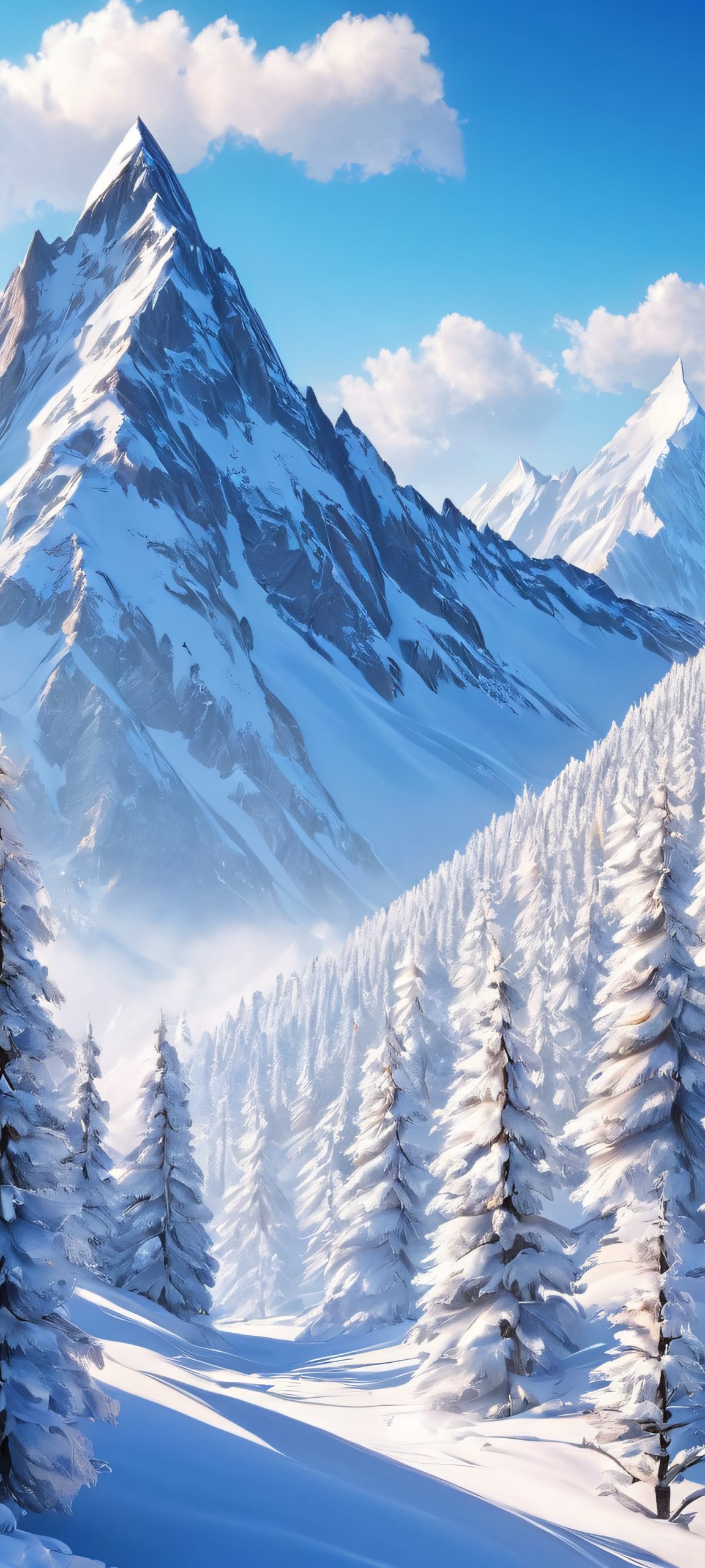 Breathtaking snowy mountain landscape, perfect for iPhone and Android home screens, featuring soft and cool colors, a real masterpiece for your mobile phone