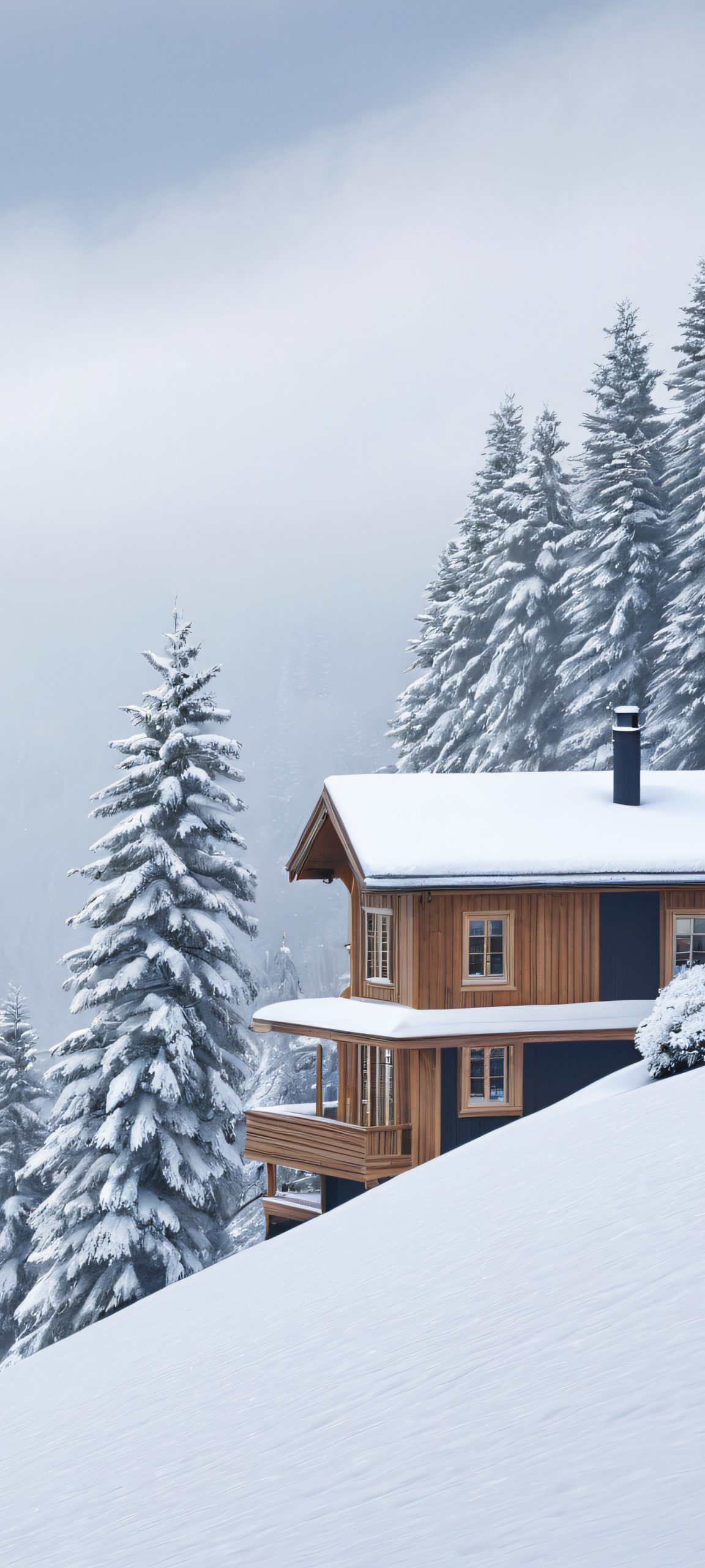 Snowy Retreat 2K Phone Wallpaper A serene winter scene featuring a cozy house on a snowy hillside, perfectly suited for your iPhone or Android device.