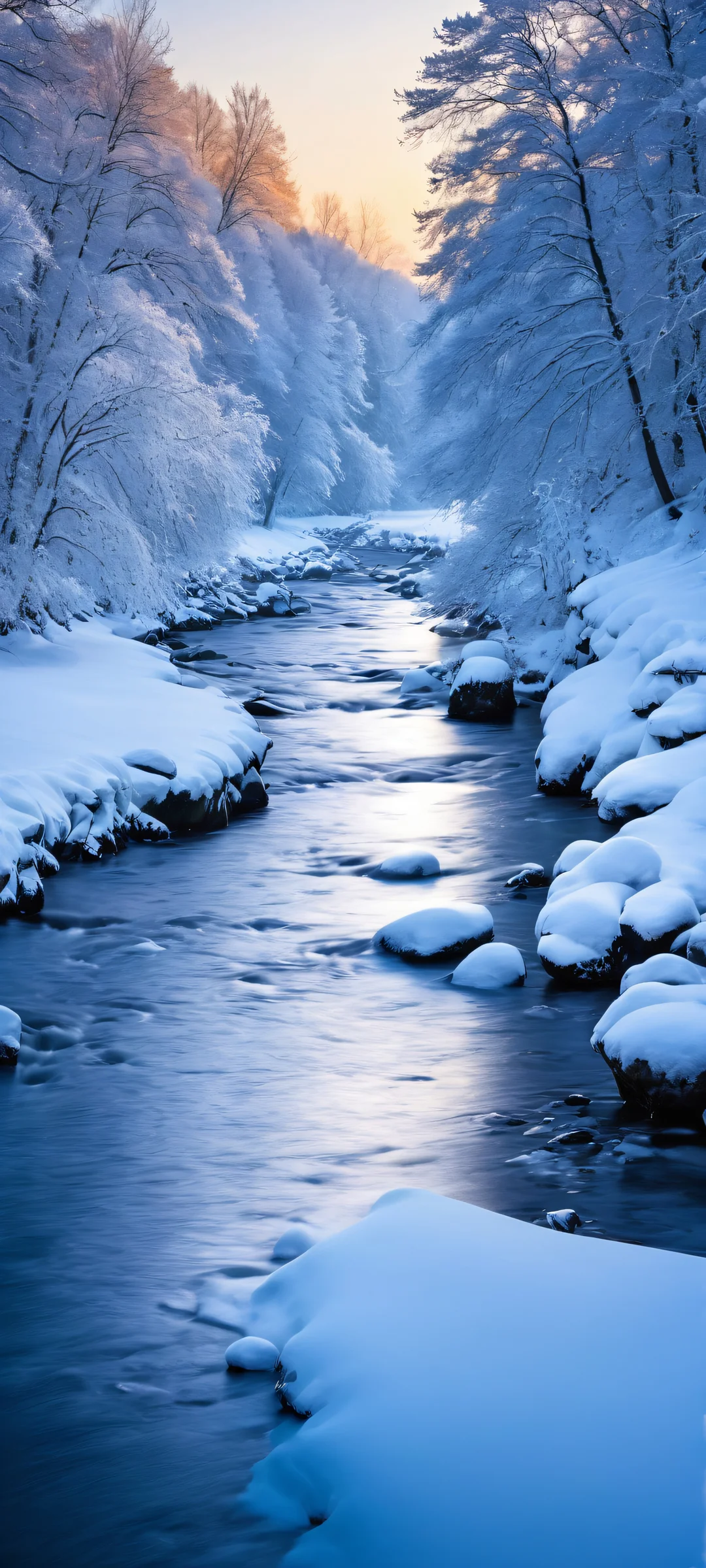 Breathtaking snowy river landscape on iPhone or Android home screen. Perfectly optimized for low light settings.