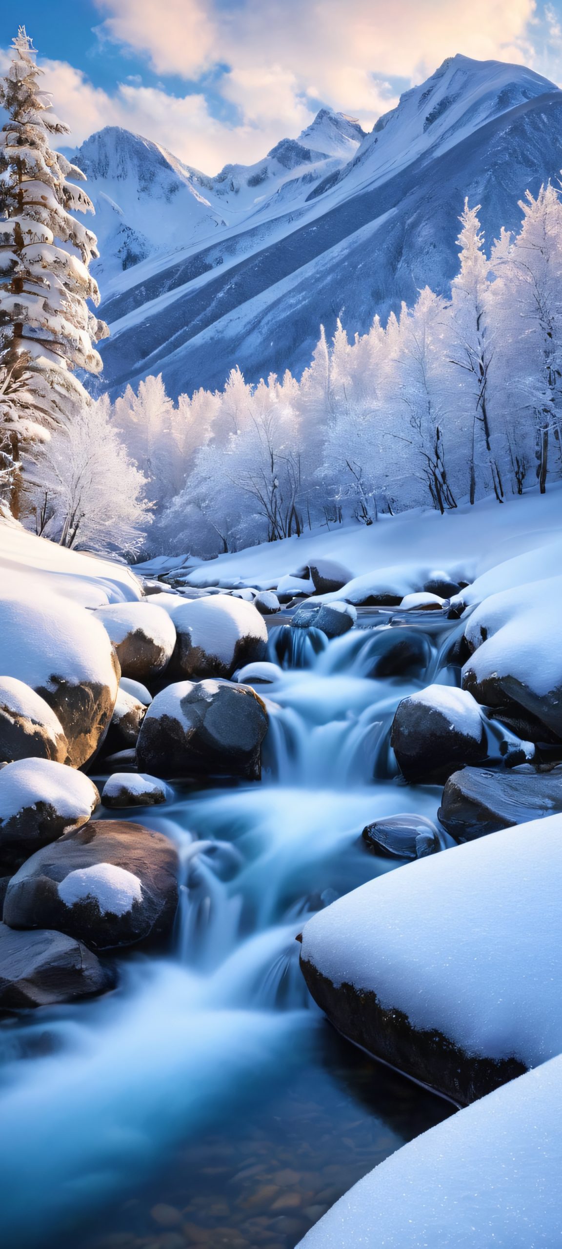 Breathtaking vertical mobile phone wallpaper of a snowy mountain stream, perfectly optimized for iPhone and Android home screens.