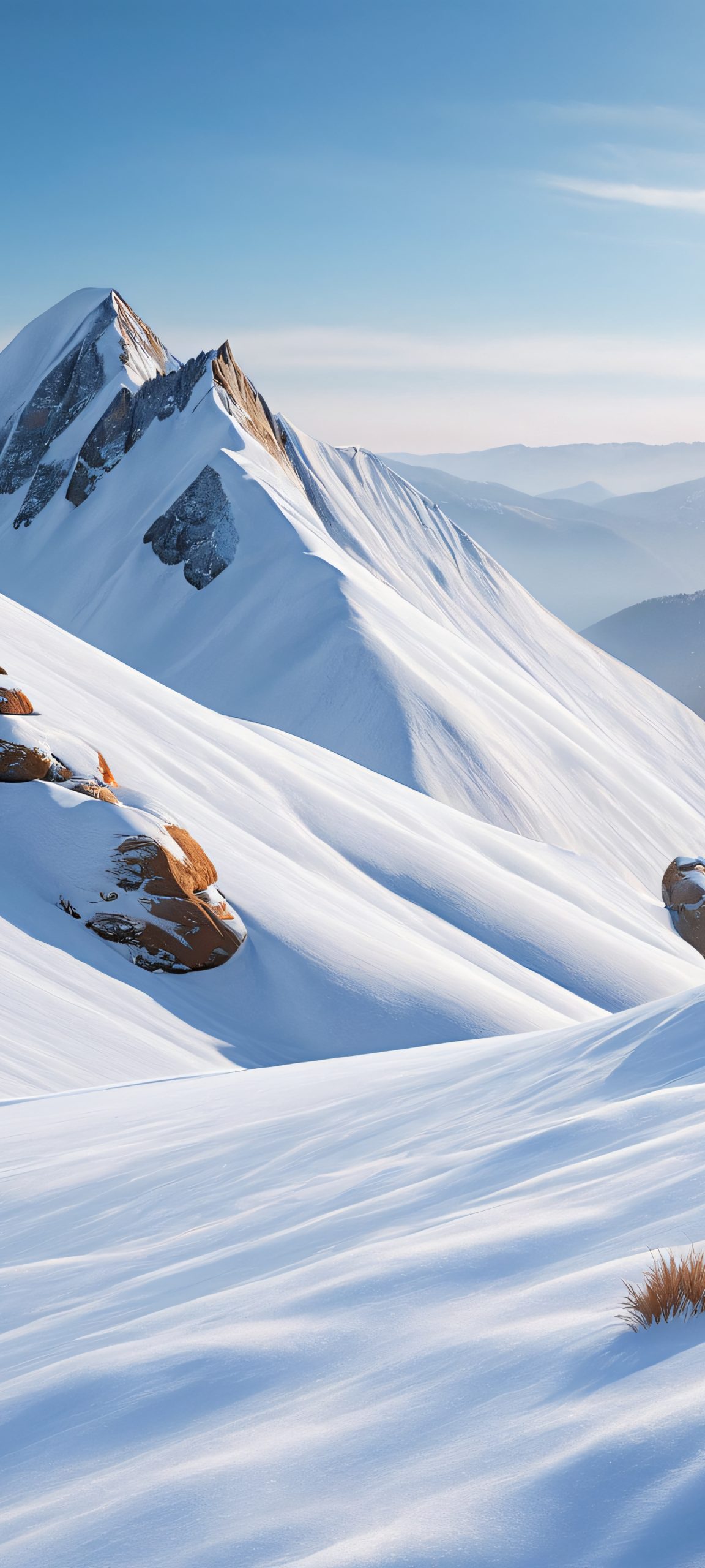 iPhone/Android users will love this breathtaking snowy landscape wallpaper with soft overcast skies, featuring frosty blue, snowy white, and earthy brown hues.