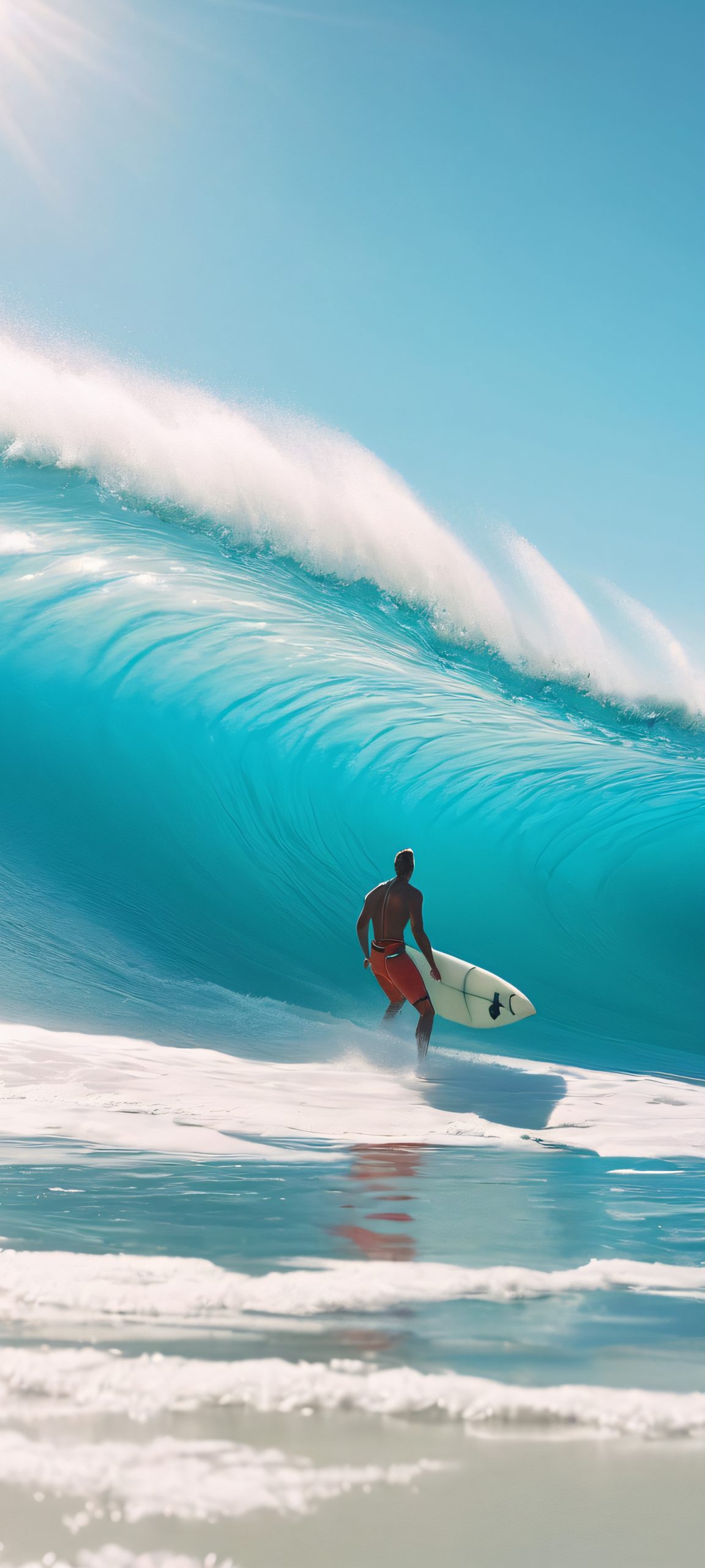 Surfer catching a wave on a snowy beach, perfect for iPhone/Android home screens