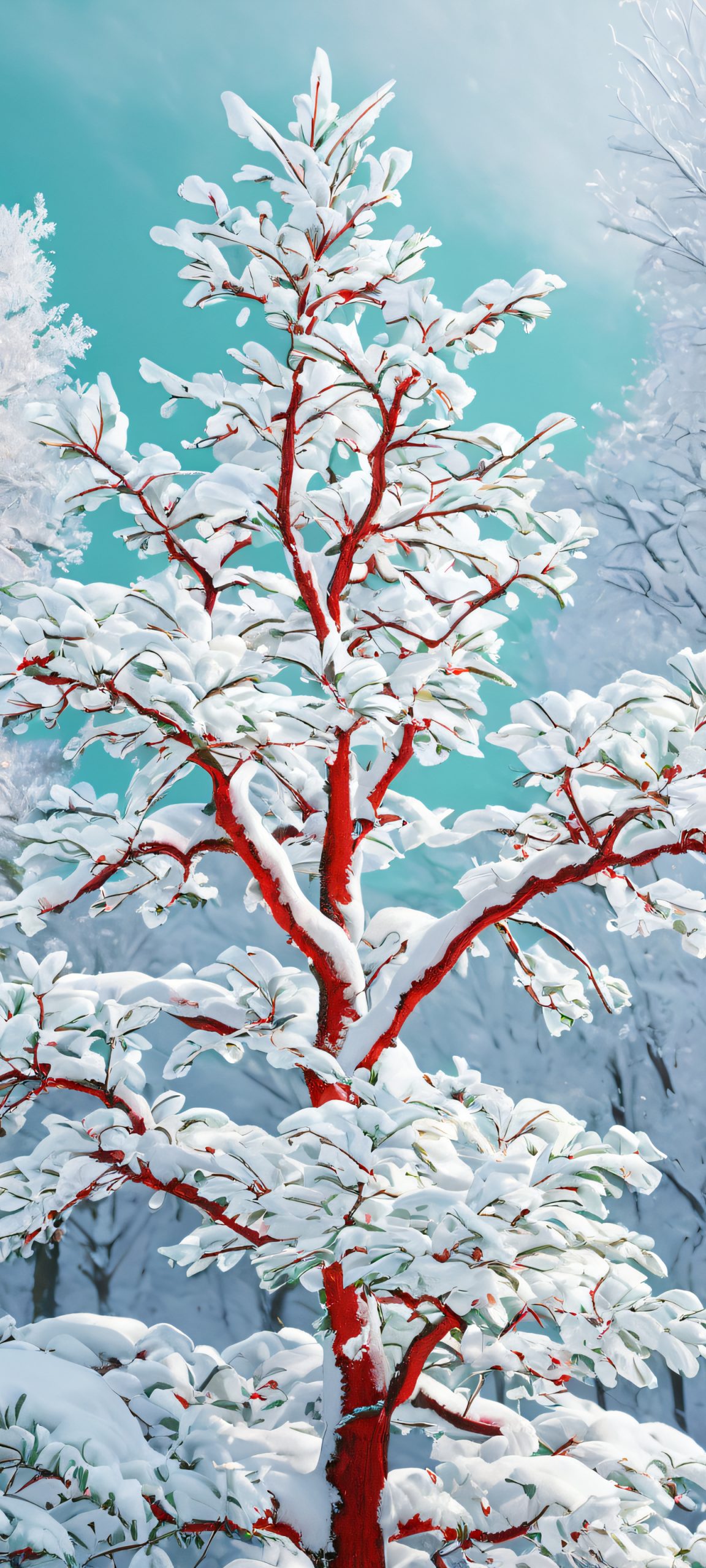 A serene snowy tree against a softly lit forest backdrop, perfect for iPhone and Android home screens.