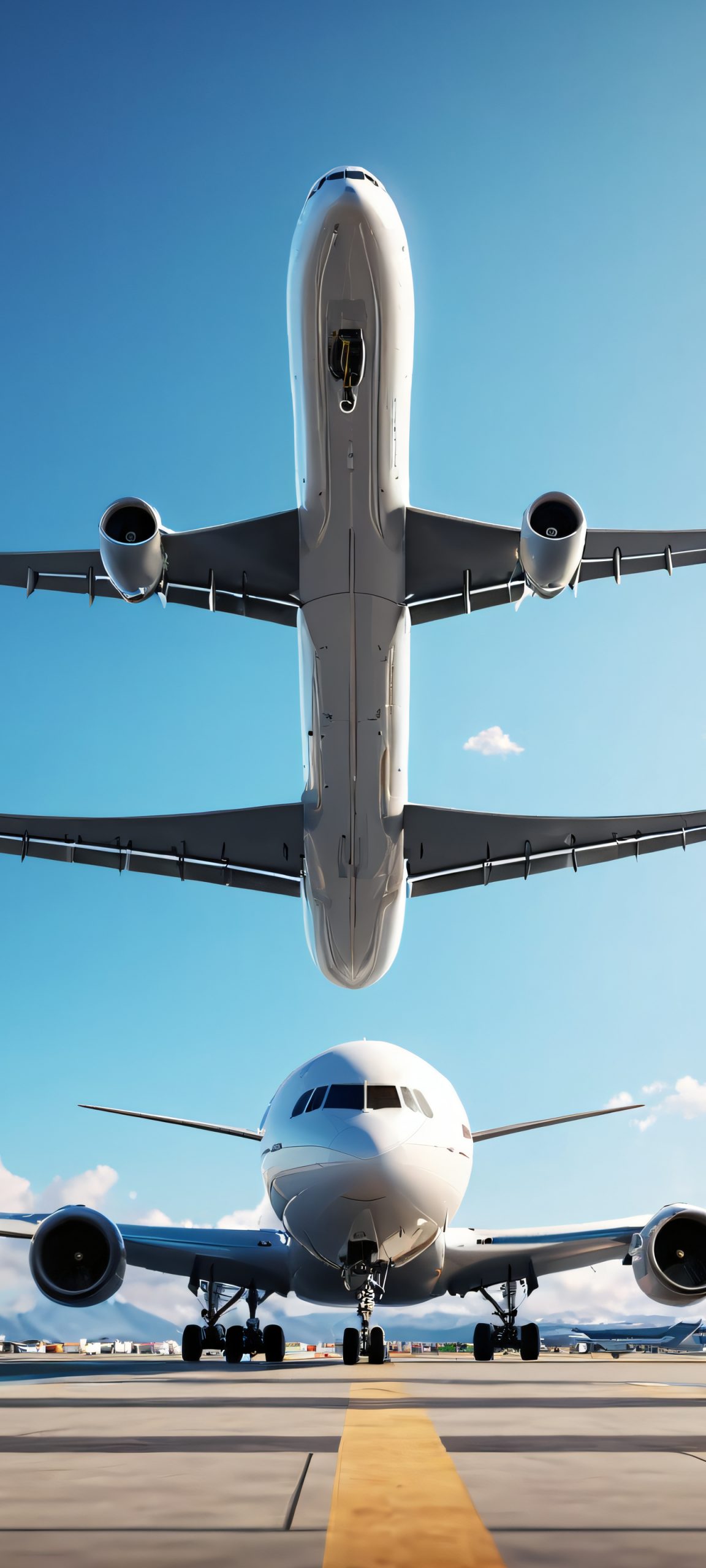 Airplane taking off at the airport in daylight, perfectly optimized for iPhone, Samsung Galaxy, and Android home screens.