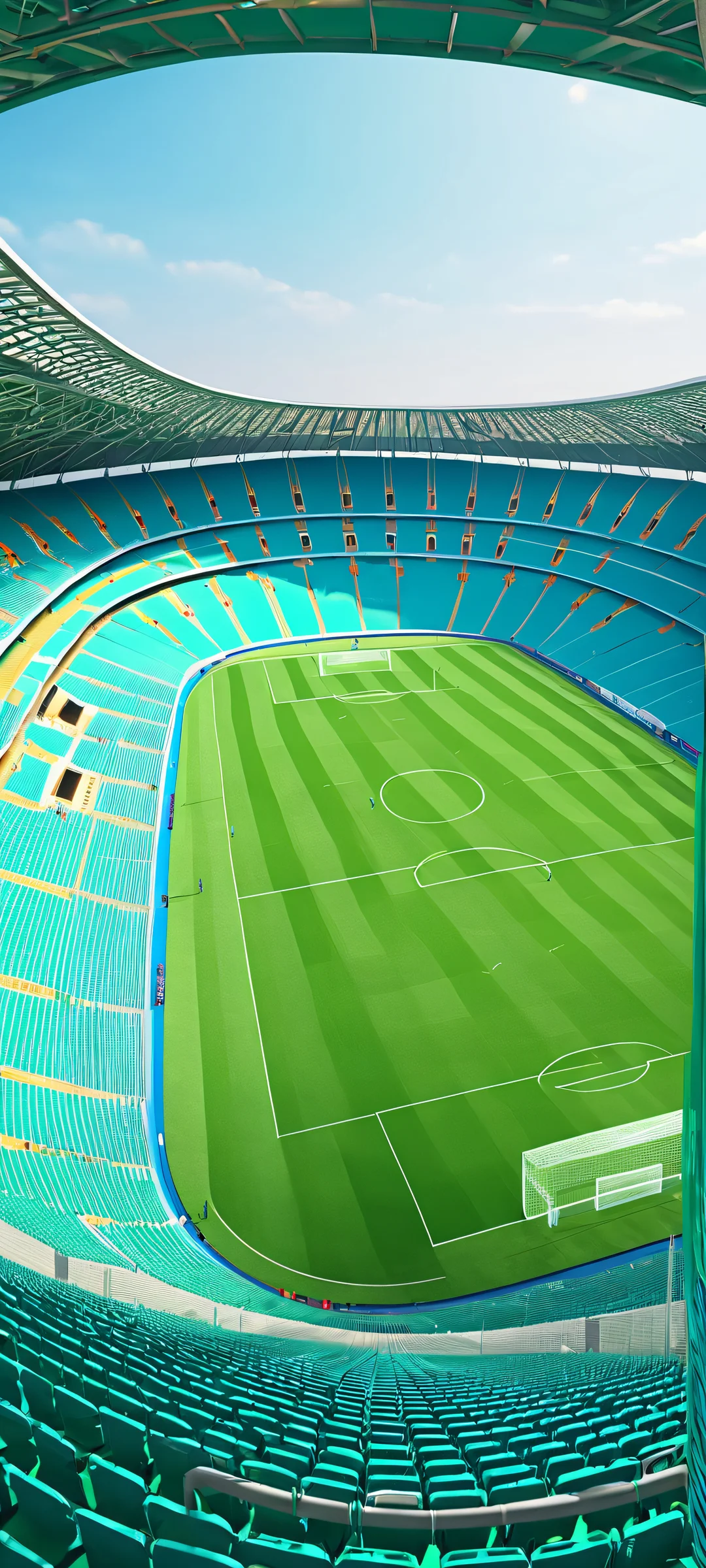 iPhone and Android compatible Soccer stadium digital art wallpaper featuring green and blue hues on a bright daytime.