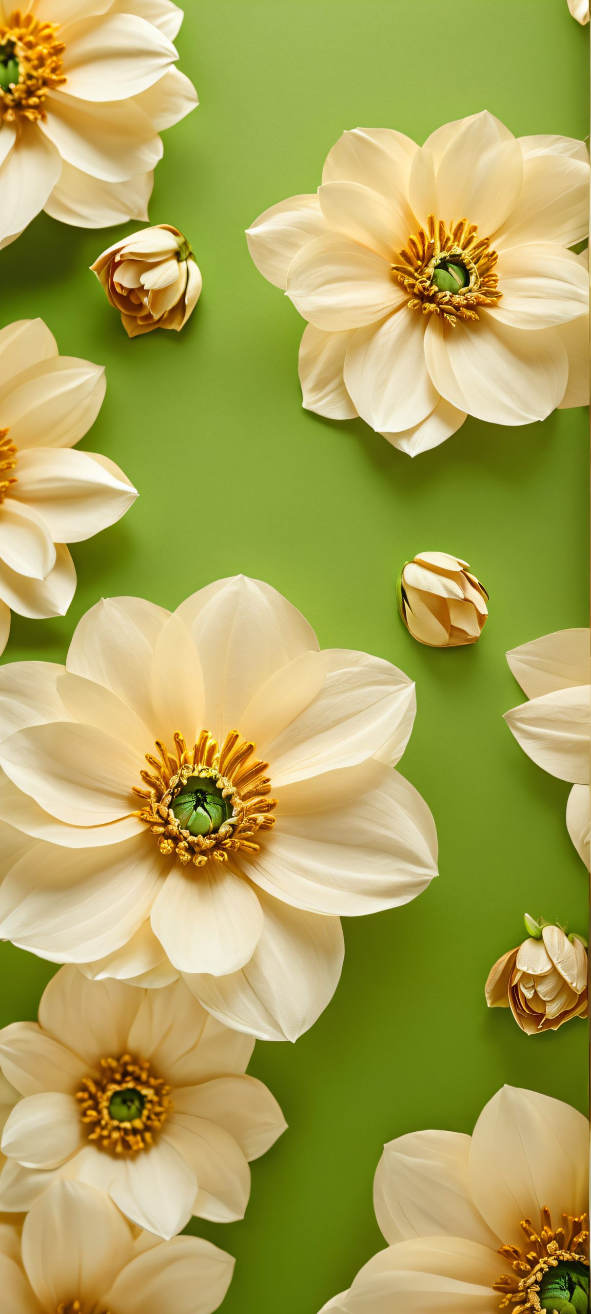 Soft Bloom Oasis 2K Mobile Background iPhone and Android wallpaper featuring blooming flowers on a textured paper background, perfect for a serene home screen.