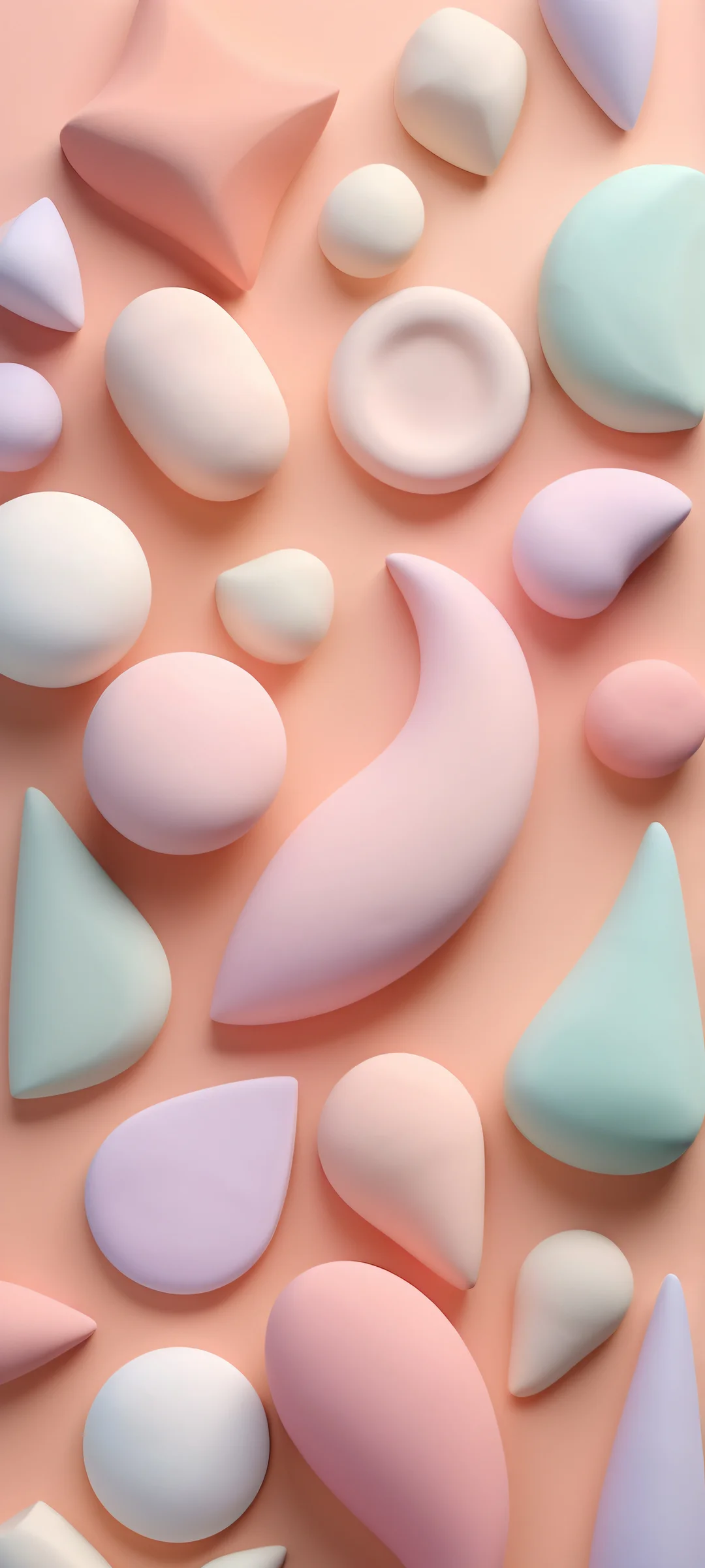 A beautiful vertical mobile wallpaper featuring soft clay shapes in pastel colors, perfectly suited for iPhone and Android devices.