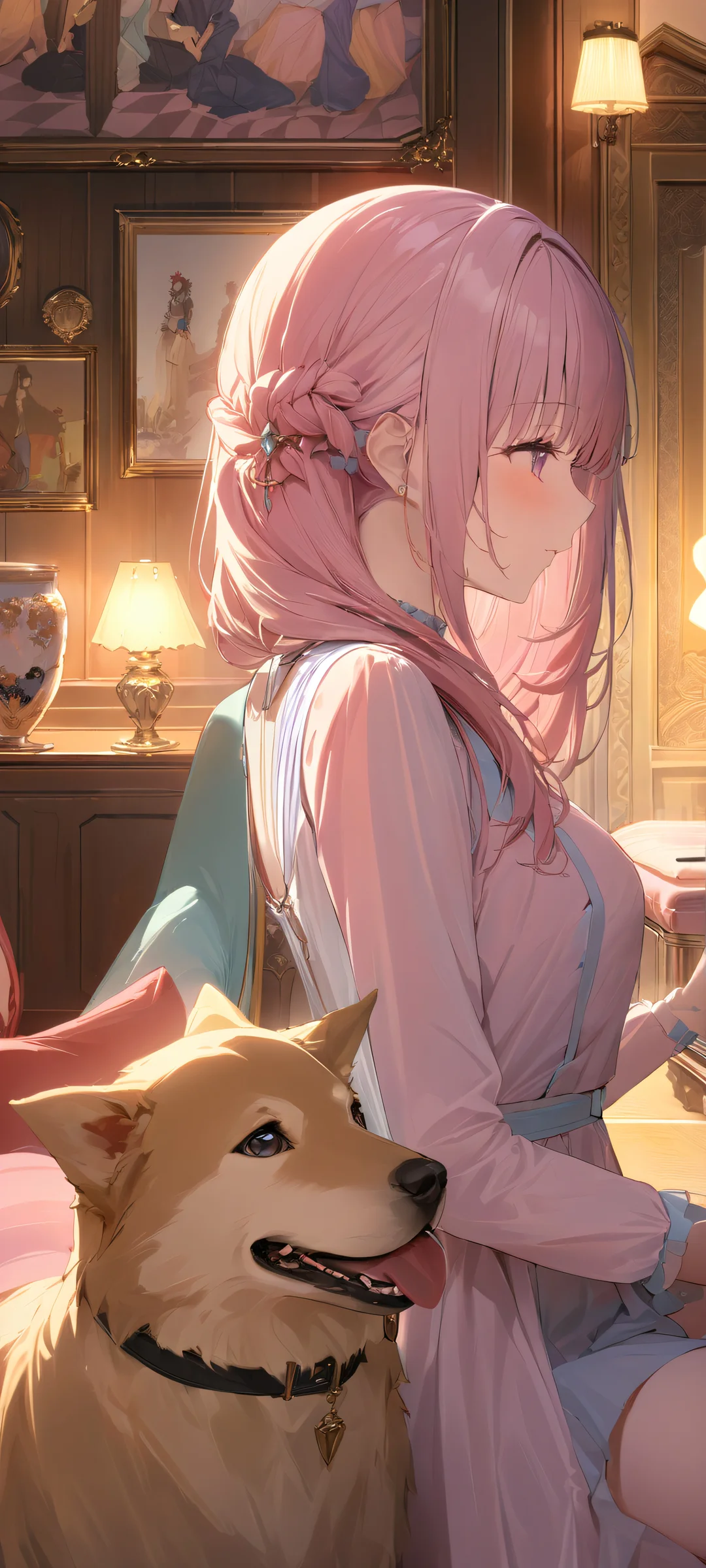 Beautiful women indoors with lamp and dog in a low light setting - parfaitement optimisé pour les écrans d'accueil iPhone/Android.