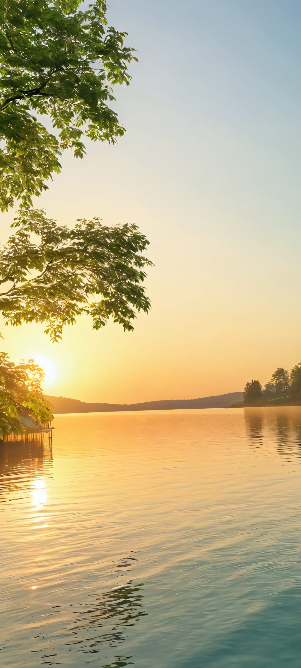 A serene lakehouse scene at sunset, perfectly suited for iPhone and Android home screens, with soft golden hues and calming blues and greens.