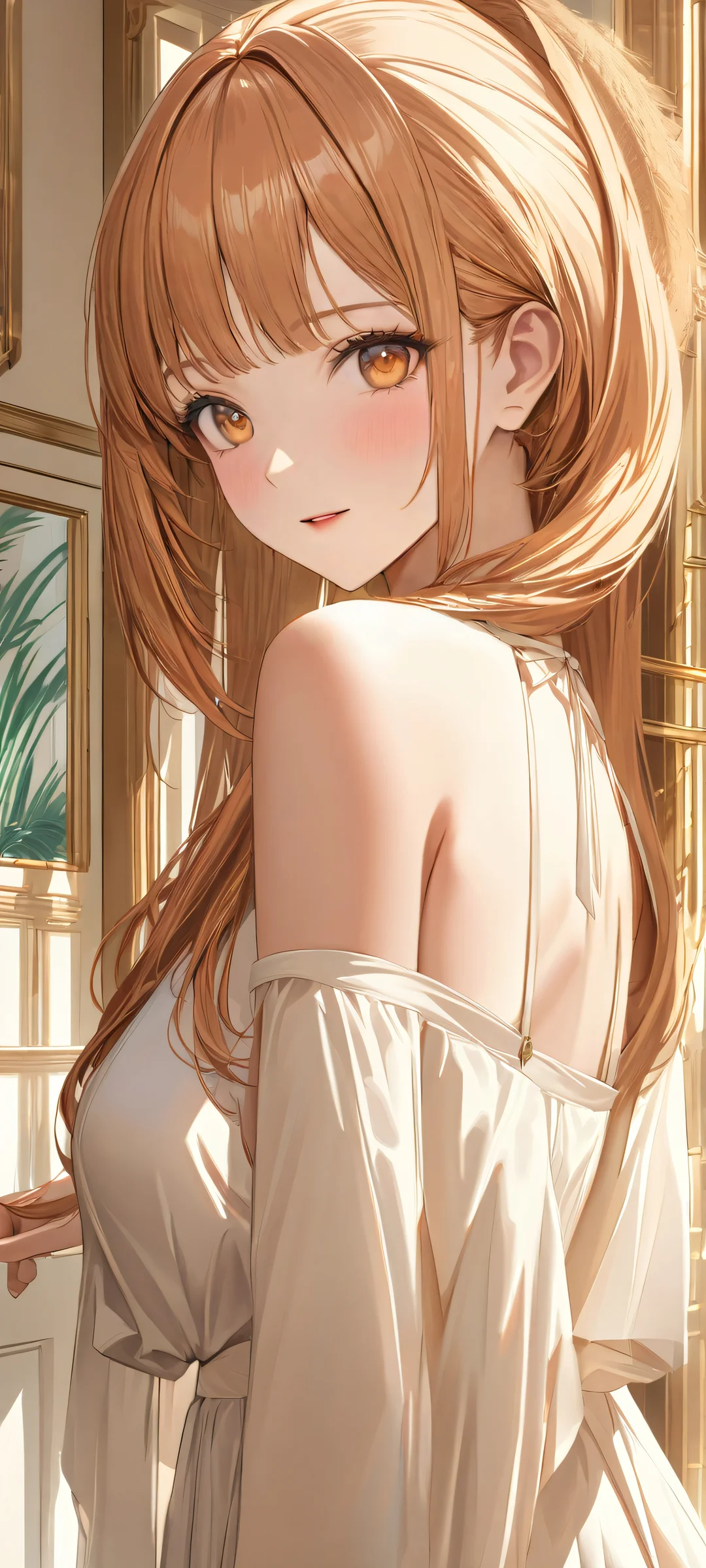 A peaceful morning scene of a young woman sitting in a cozy interior setting with soft pinkish white and golden brown tones. Perfect for your iPhone or Android home screen.