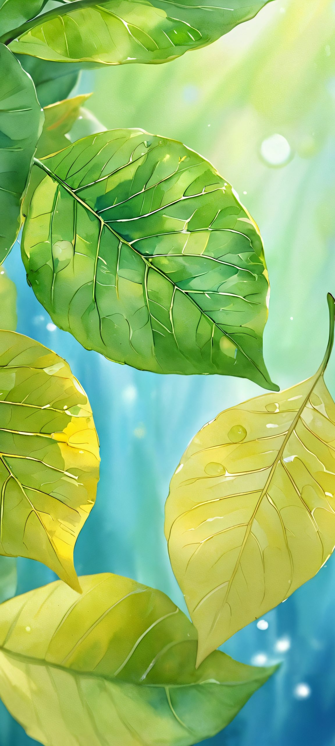 Relax with this stunning iPhone and Android compatible mobile wallpaper featuring softly lit leaves and water, perfect for your home screen.