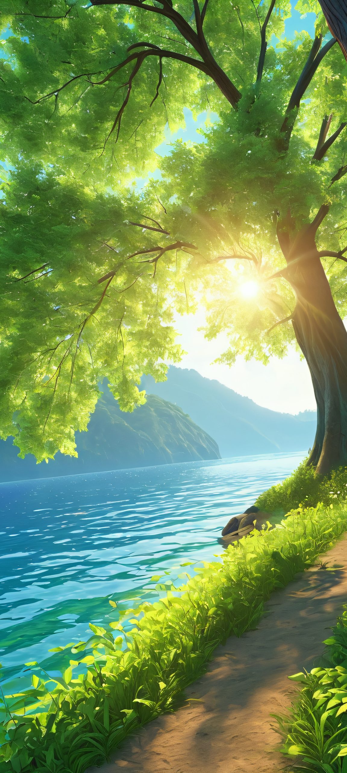 Softly Sunny Waterfront 2K QHD Mobile Wallpaper iPhone and Android users will love this breathtaking vertical mobile phone wallpaper of Trees and Waterfront, perfectly capturing the softly sunny atmosphere