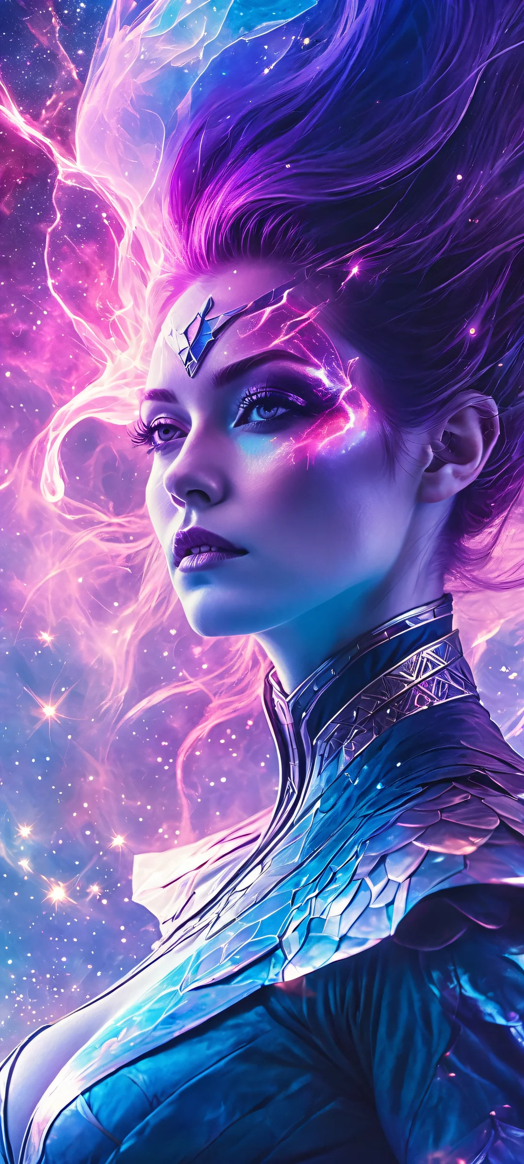 A magical sorceress surrounded by swirling nebula colors on a reflective surface, perfectly optimized for iPhone and Android home screens.