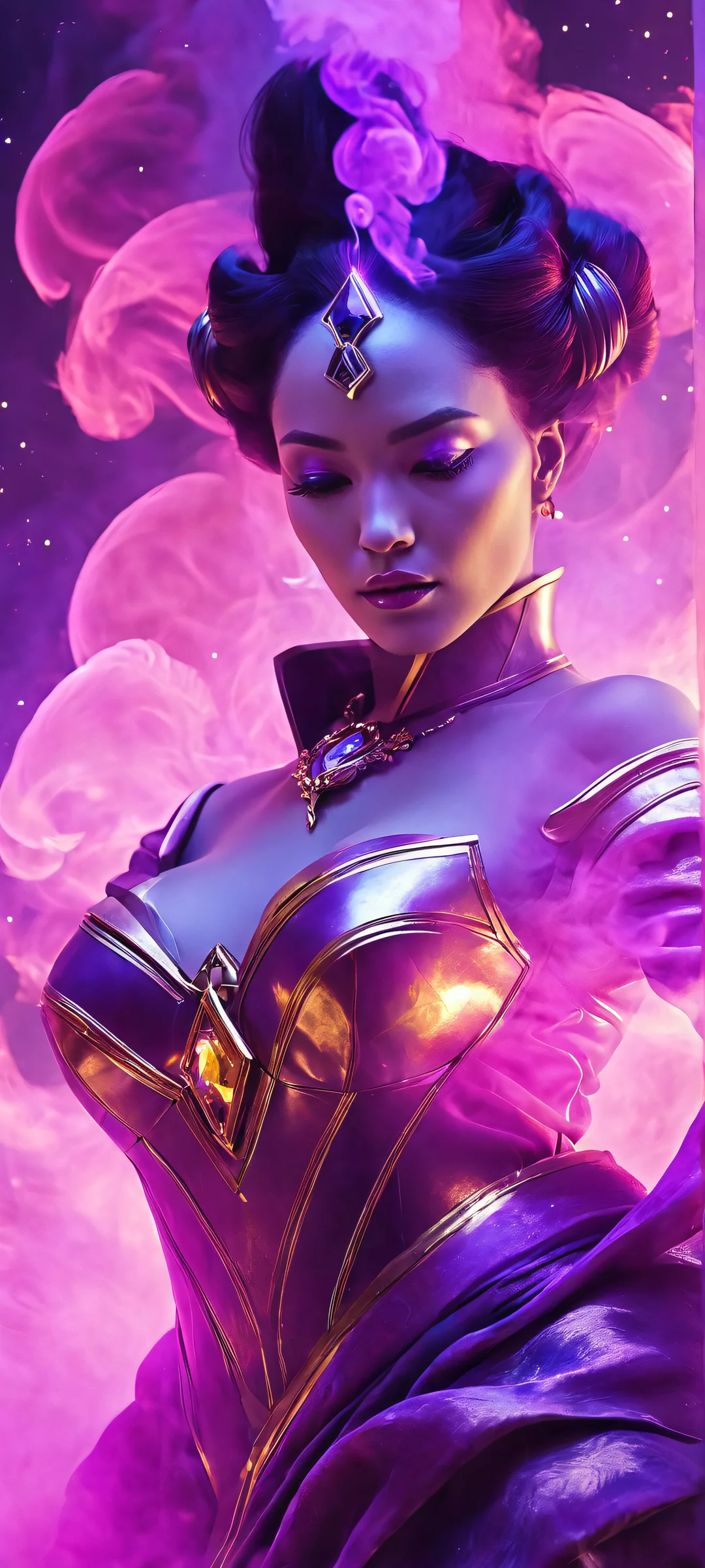 A stunning sorceress amidst a swirling purple and pink nebula on a gold background for iPhone/Android.
