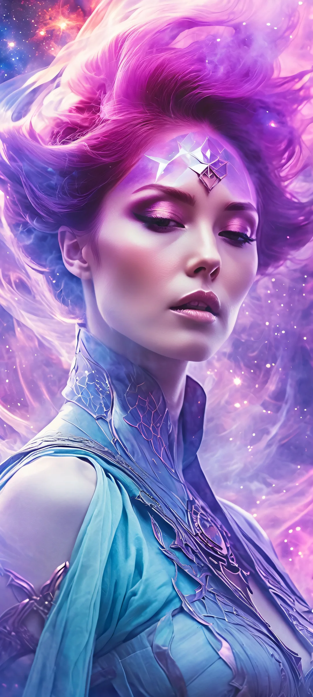 A mystical sorceress stands amidst a swirling nebula on this beautiful iPhone/Android wallpaper.