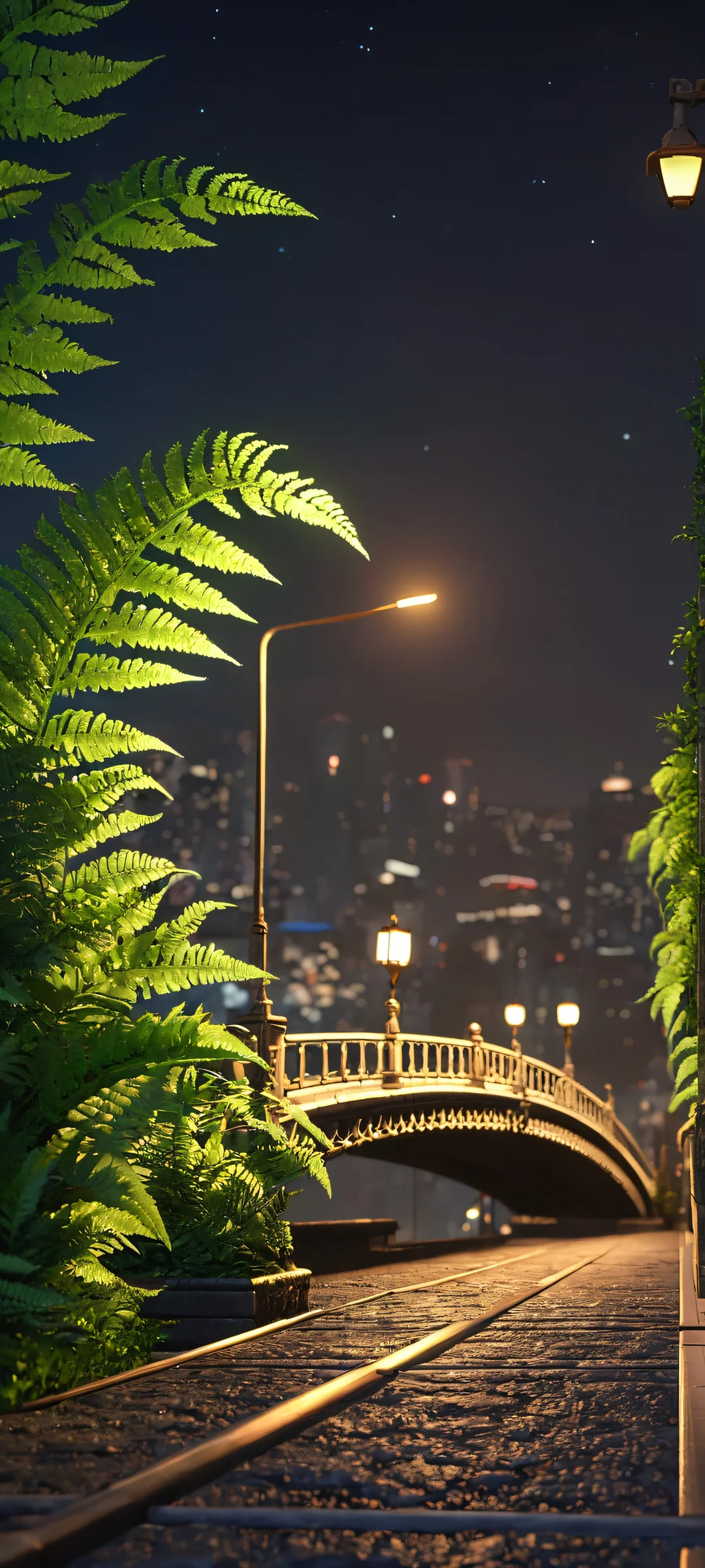 iPhone and Android compatible city bridge night wallpaper featuring Fern, Stark, Sousou No Frieren anime characters with depth of field effect.