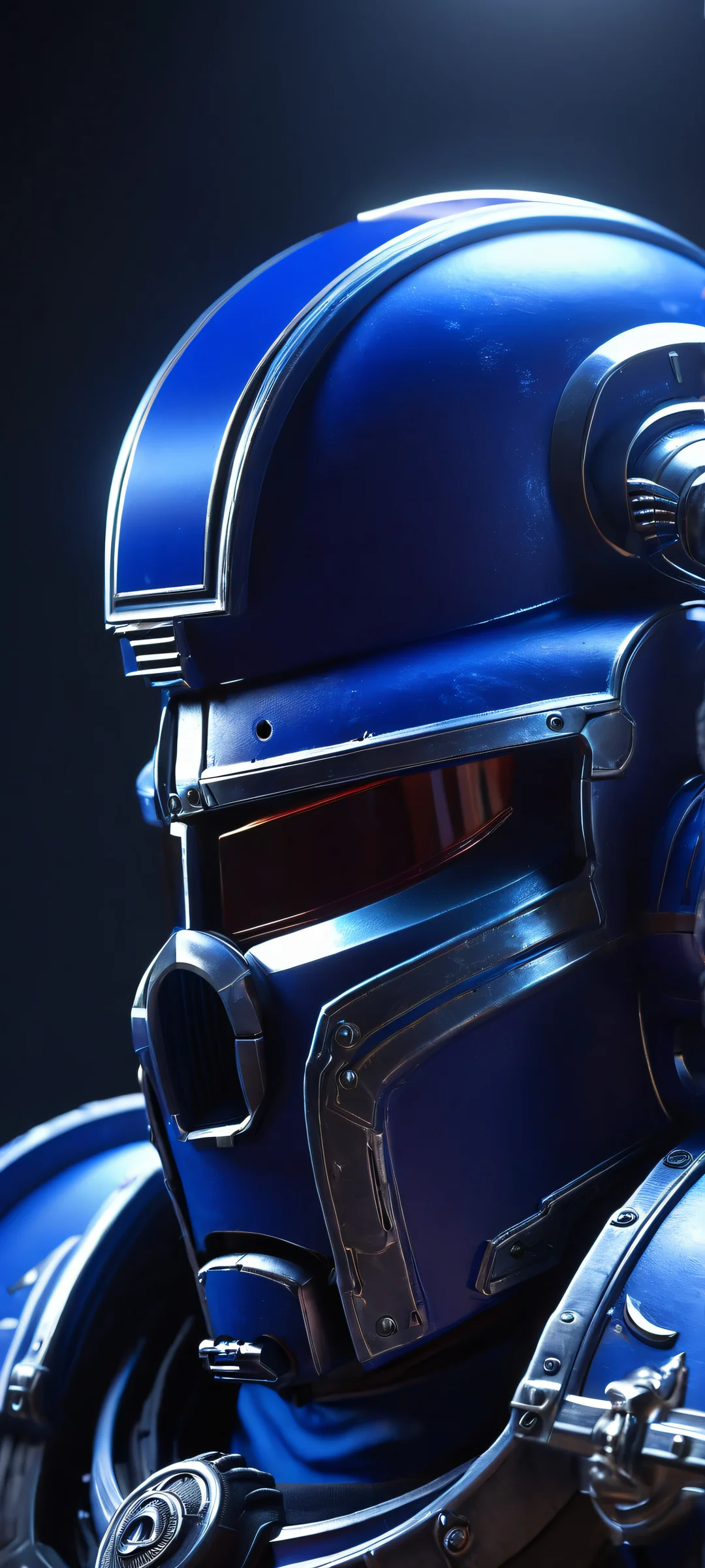 A stunning iPhone/Android wallpaper featuring a Space Marine helmet with neon blue and metallic silver accents, perfect for your mobile home screen.