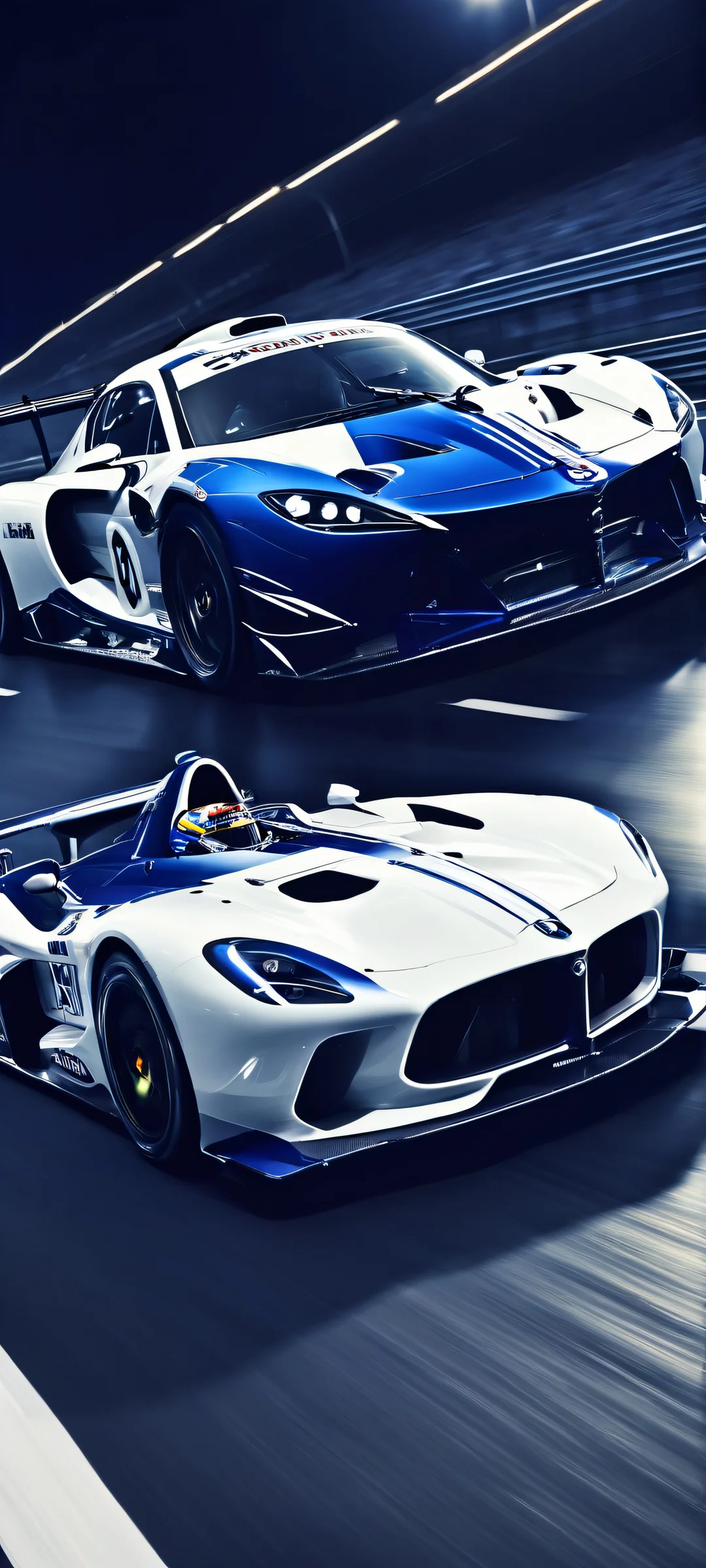 A sleek racing car speeding down a dark road at night, iPhone と Android のホーム画面に完全に最適化.