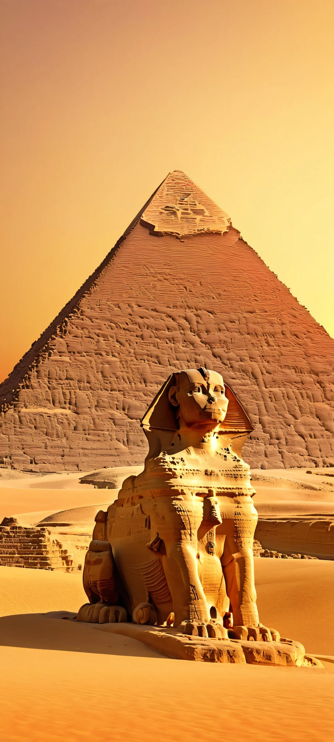 A whimsical image of a sphinx scratching the pyramid during an Egyptian desert sunset, perfectly optimized for iPhone and Android home screens.