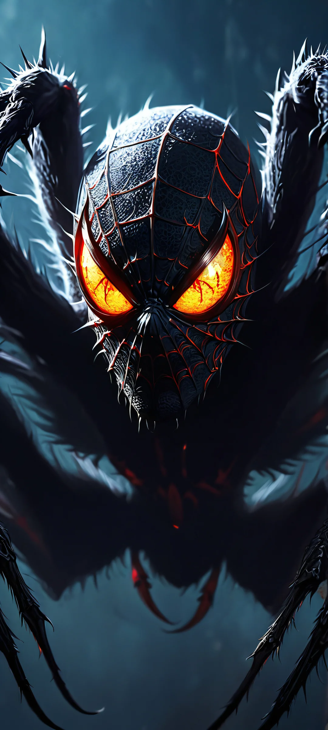 iPhone/Android mobile phone wallpaper of a dark and haunting Spider Demon with glowing eyes. Perfectly optimized for your home screen.