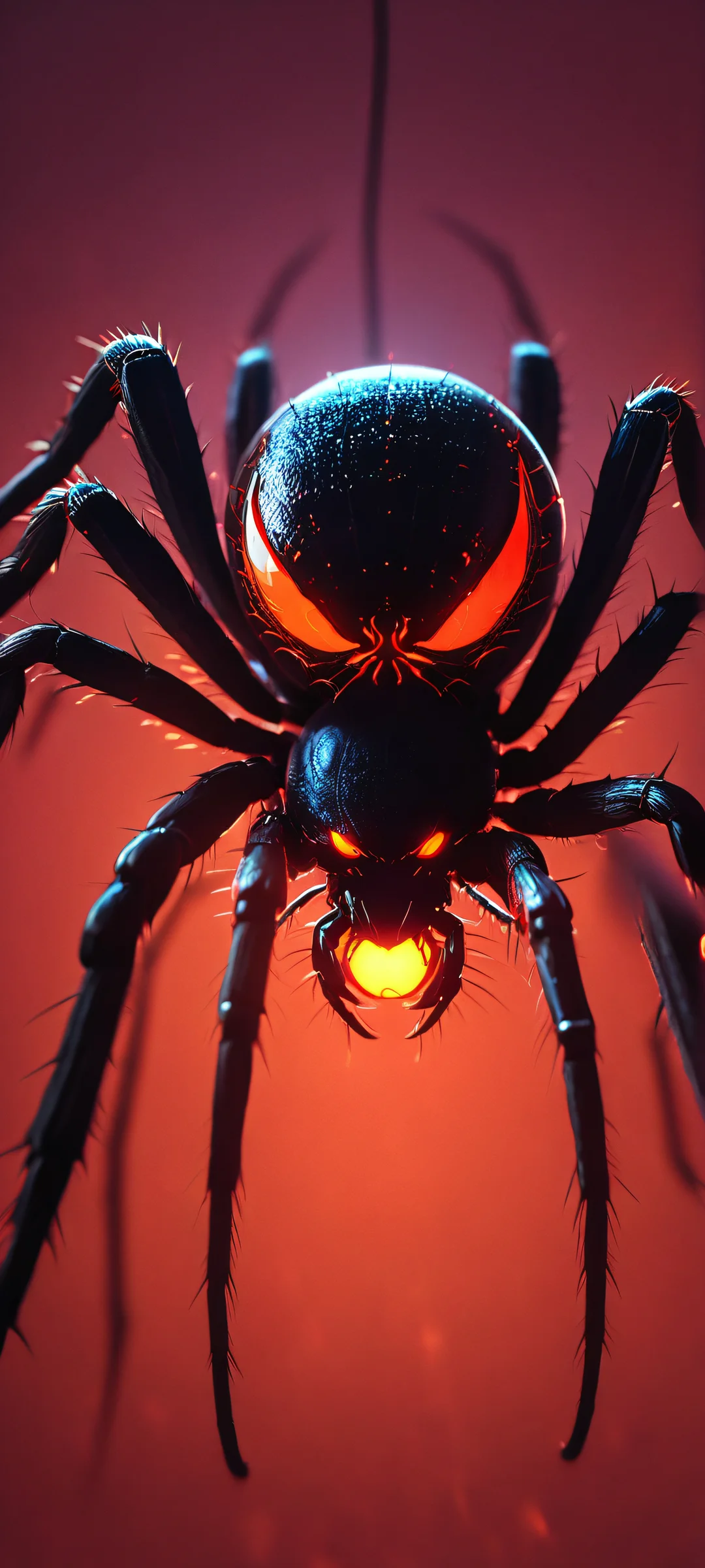 A dark and mysterious iPhone/Android wallpaper featuring the massive spider demon, glowing eyes, and a retro-futuristic atmosphere. Perfectly optimized for your home screen.