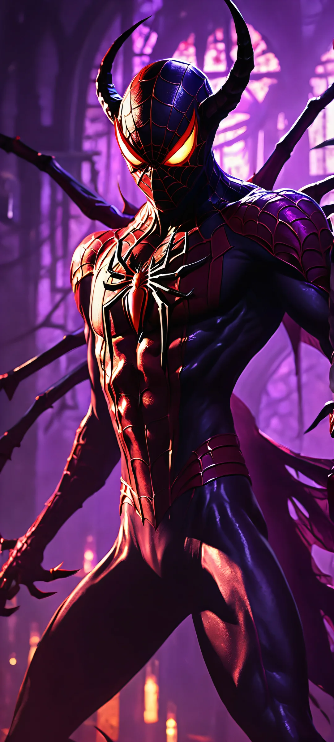 A hauntingly beautiful scene of Spider Demon's lair, perfect for iPhone and Android screens, with dark reds and purples.