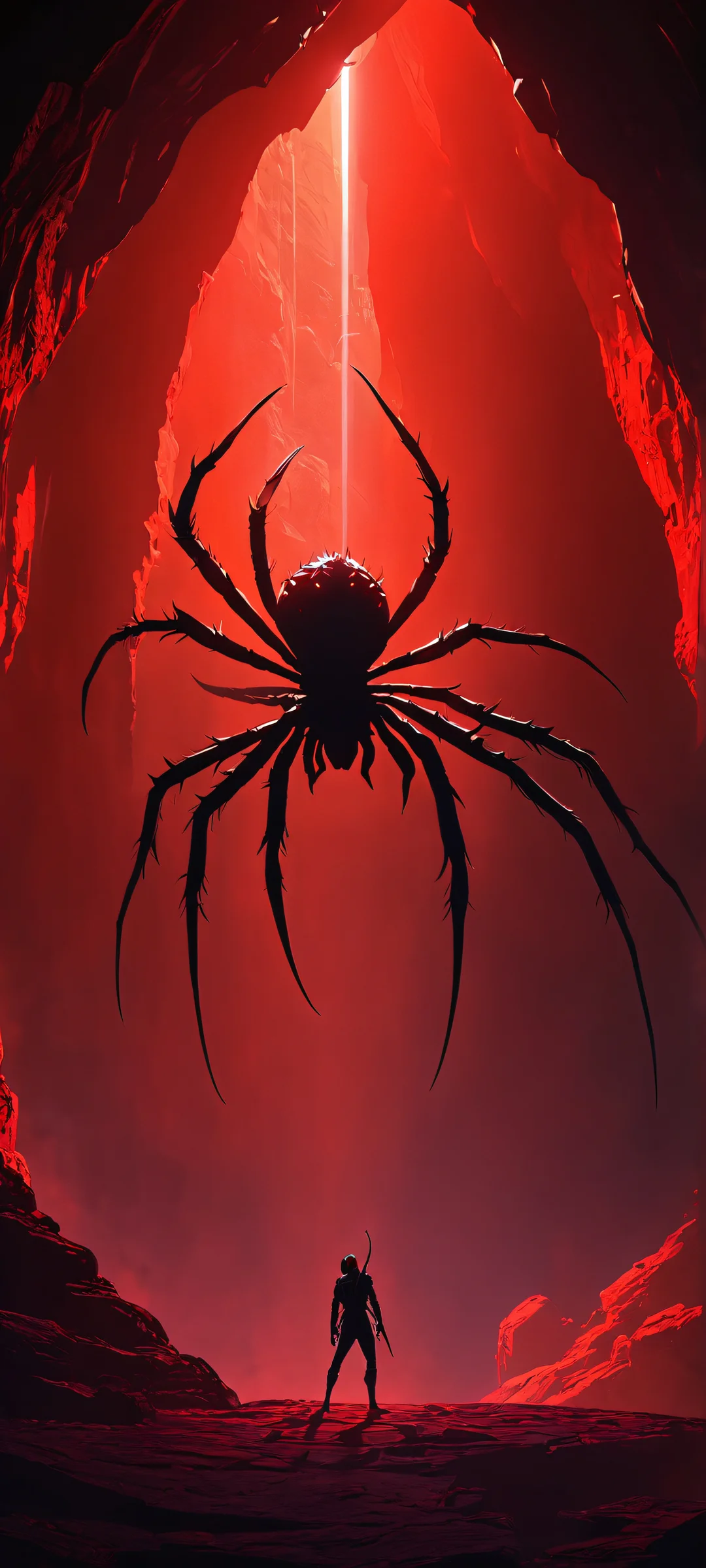 A hauntingly beautiful scene of the Spider Demon gazing into a glowing cave at night. Perfect for iPhone and Android home screens.