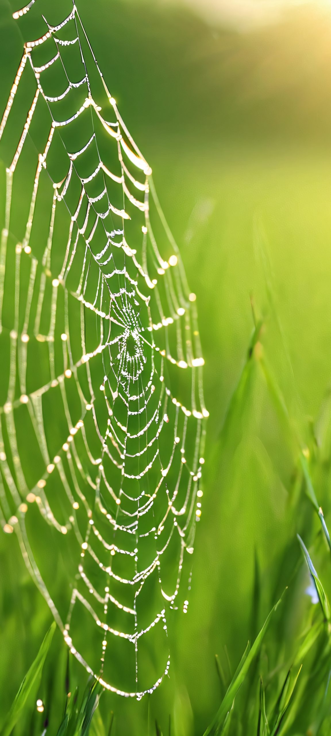 A beautiful spider web amidst lush green grass, perfect for iPhone and Android home screens