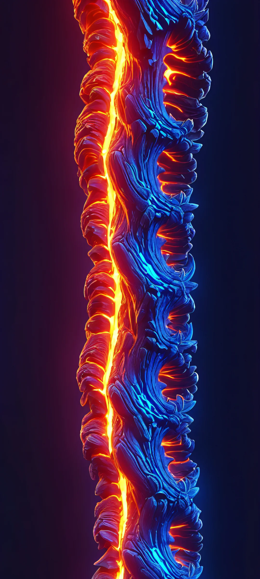 A stunning vertical mobile wallpaper featuring a spine of glowing blue metal, set against a vibrant lava backdrop. Perfect for iPhone and Android home screens.