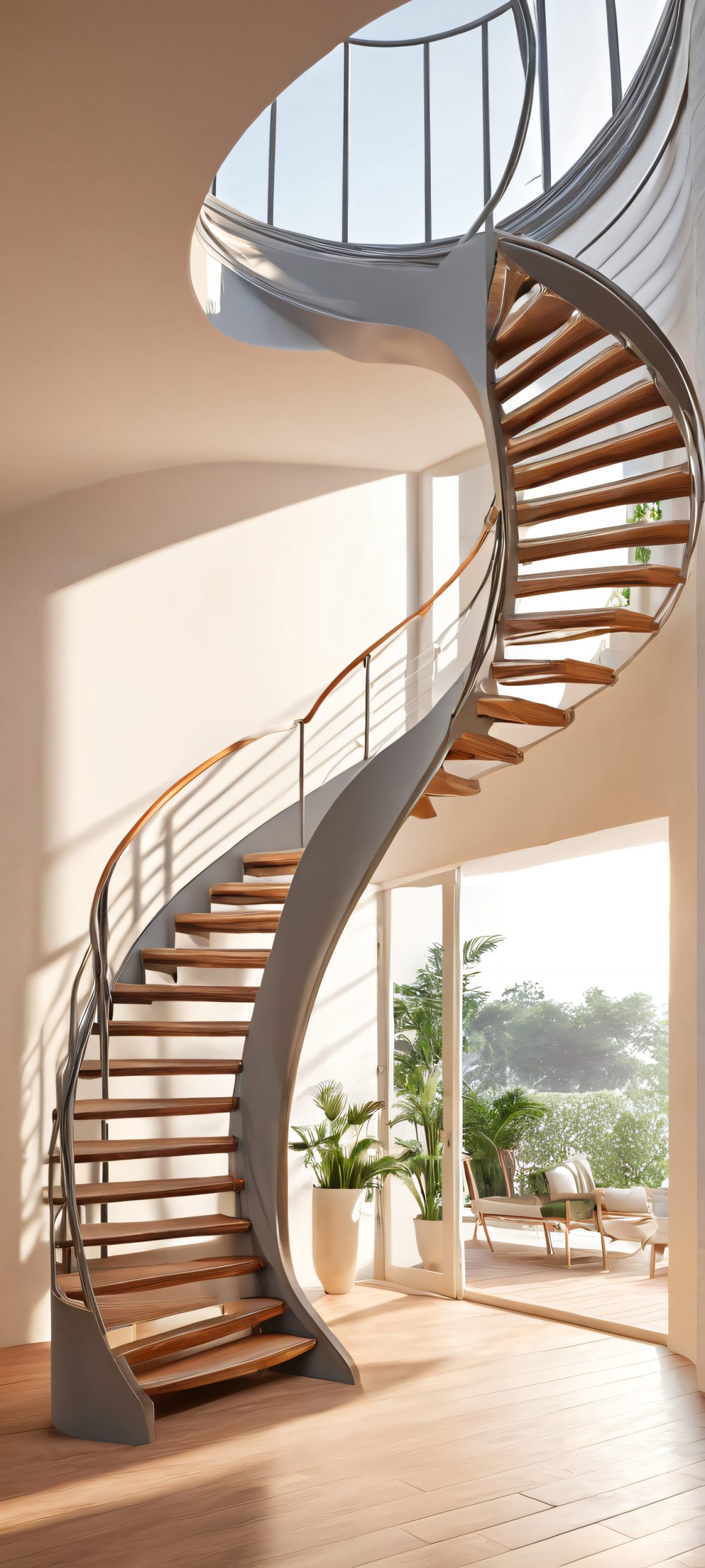 Spiral Staircase Oasis 2K QHD Home Screen A serene and minimalist spiral staircase surrounded by lush greenery, perfect for your iPhone or Android home screen