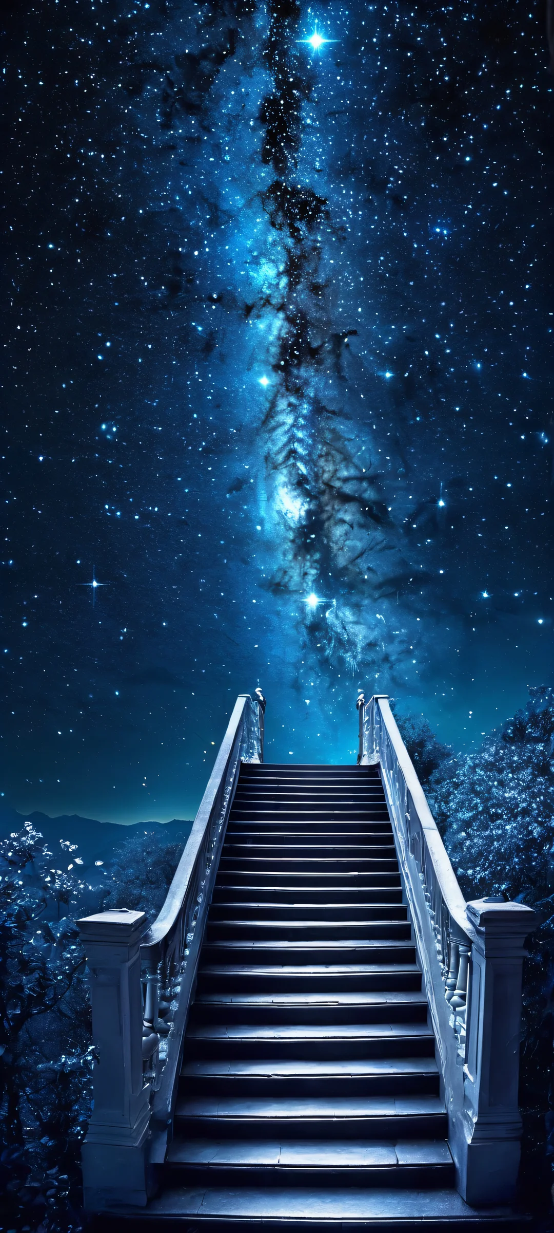 iPhone and Android mobile wallpaper featuring a surreal indoor night sky with deep blues, soft whites, and twinkling stars