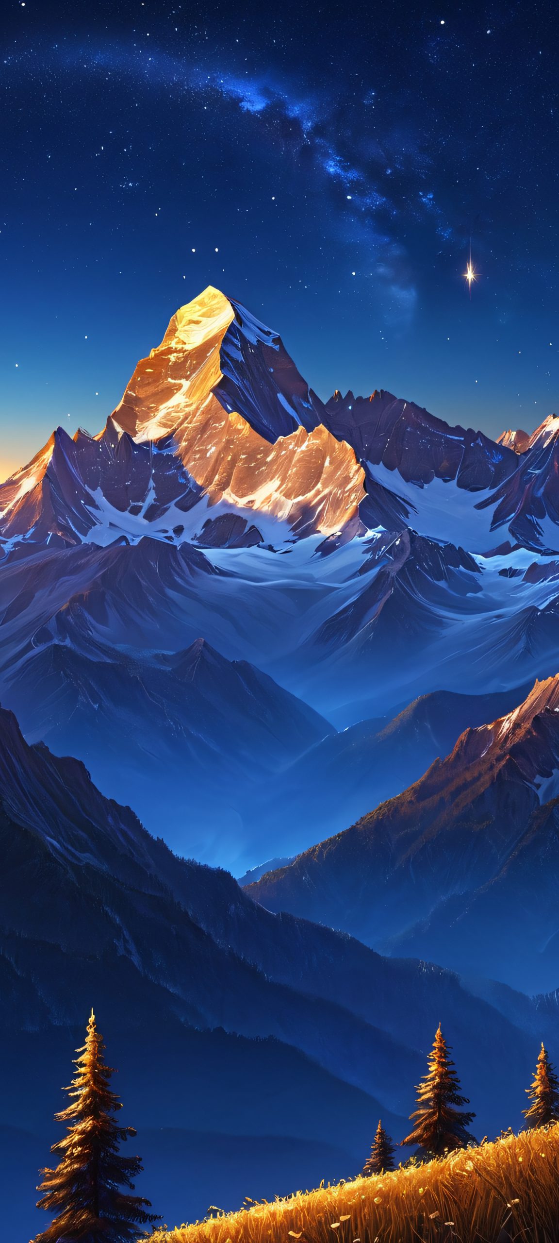 A stunning vertical mobile wallpaper featuring a mountain under a starlit night sky, perfectly optimized for iPhone and Android devices.