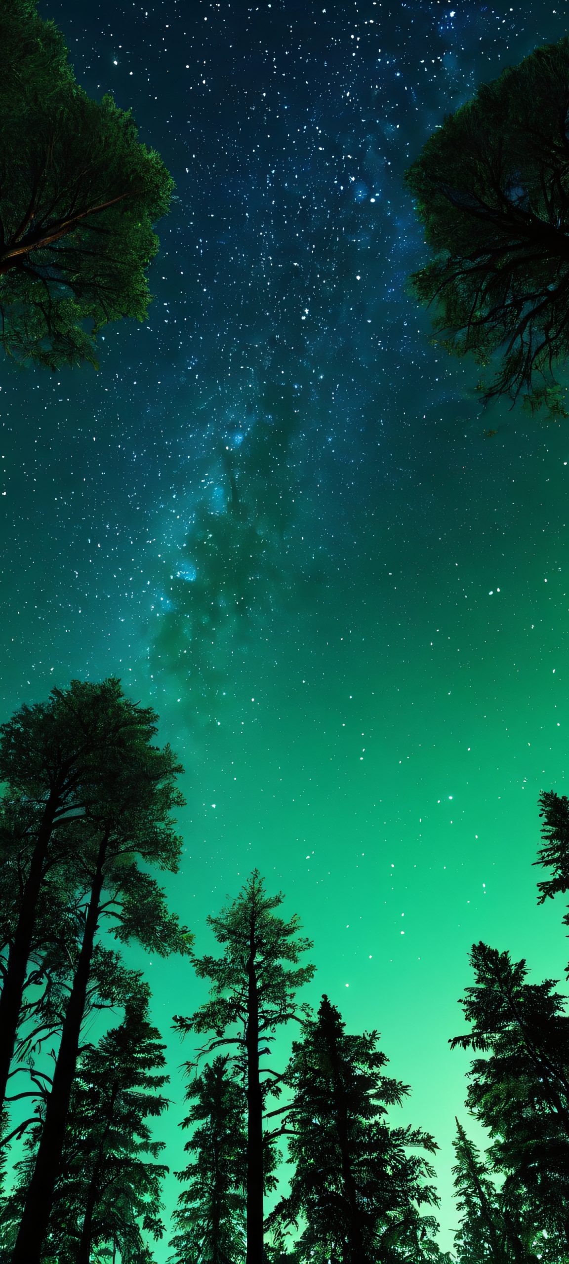 iPhone and Android users, immerse yourself in this stunning vertical forest silhouette at night, with a starlight-filled sky and majestic tree silhouettes, perfectly optimized for your home screen.