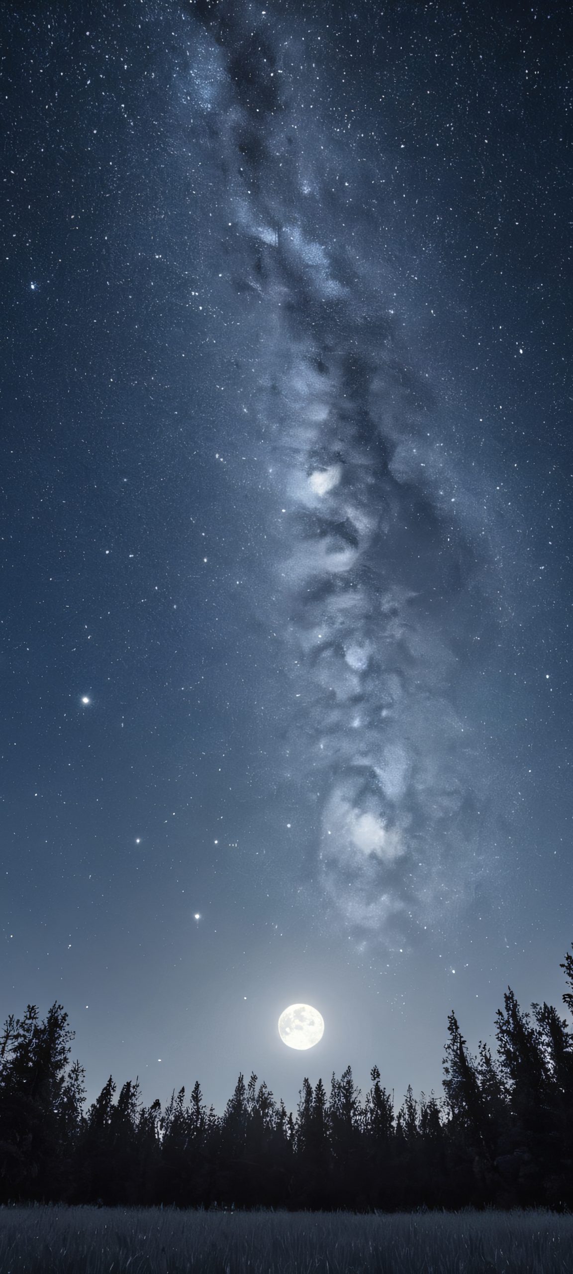 A serene Starry Night scene with a dark blue sky, featuring a bright full moon and stars shining bright on an iPhone/Android device.