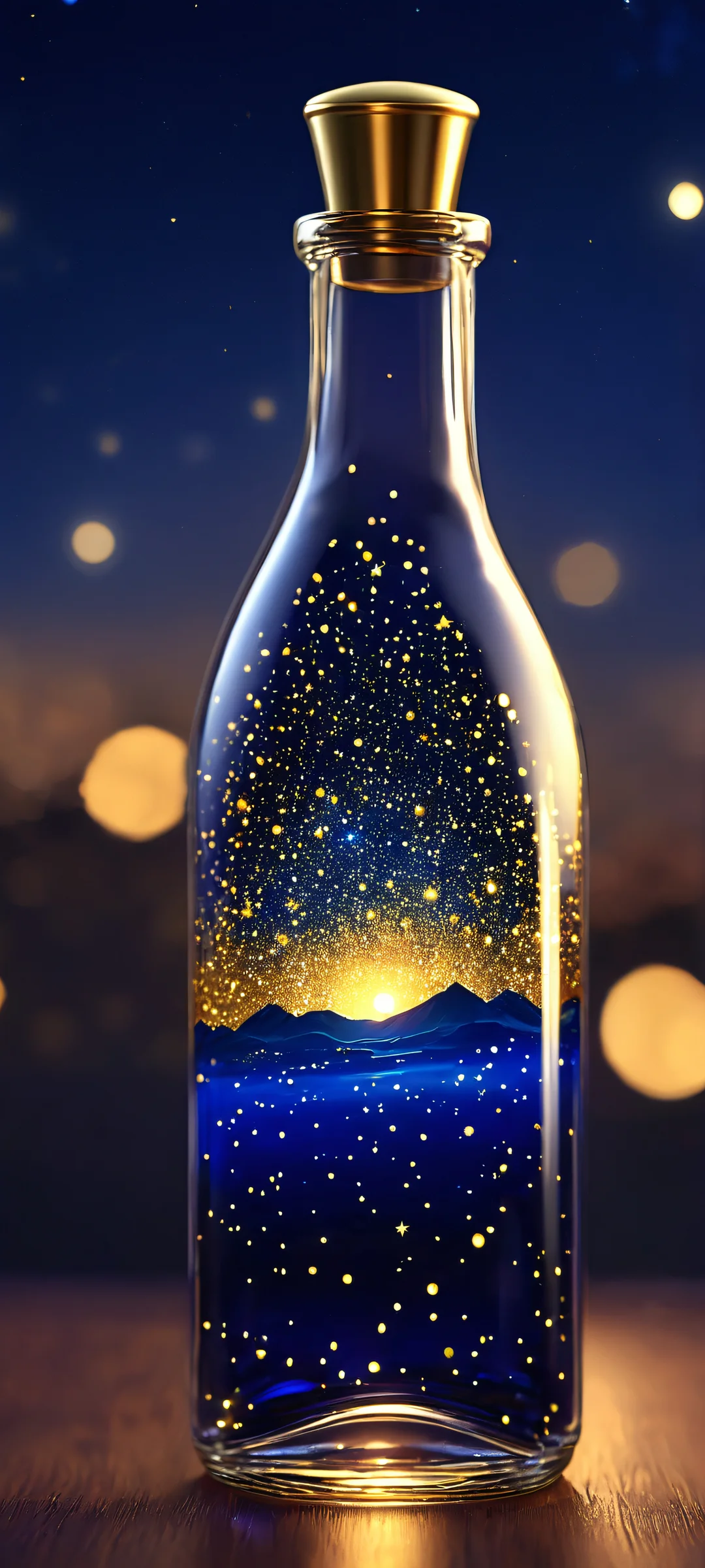 iPhone and Android users will love this breathtaking glass bottle with starry sky wallpaper featuring a midnight blue and twinkling gold color scheme, perfect for nighttime.
