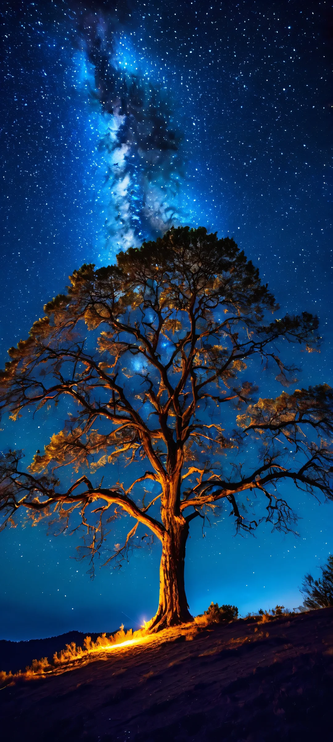 Glowing tree under starry night sky for iPhone/Android