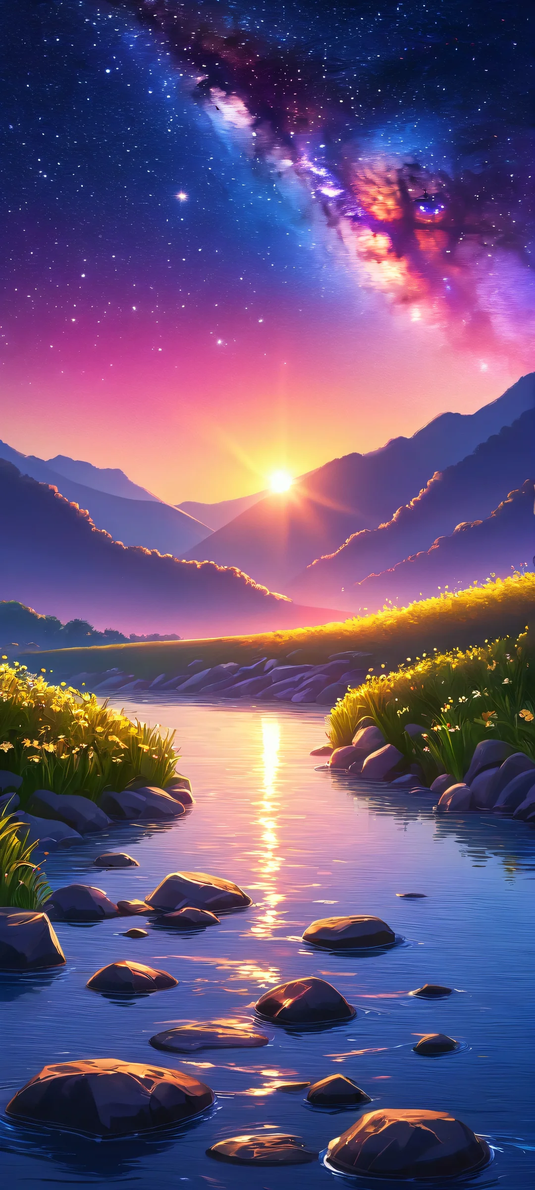 Breathtaking starry sky meets serene river in this stunning sunset landscape, perfect for iPhone and Android home screens.