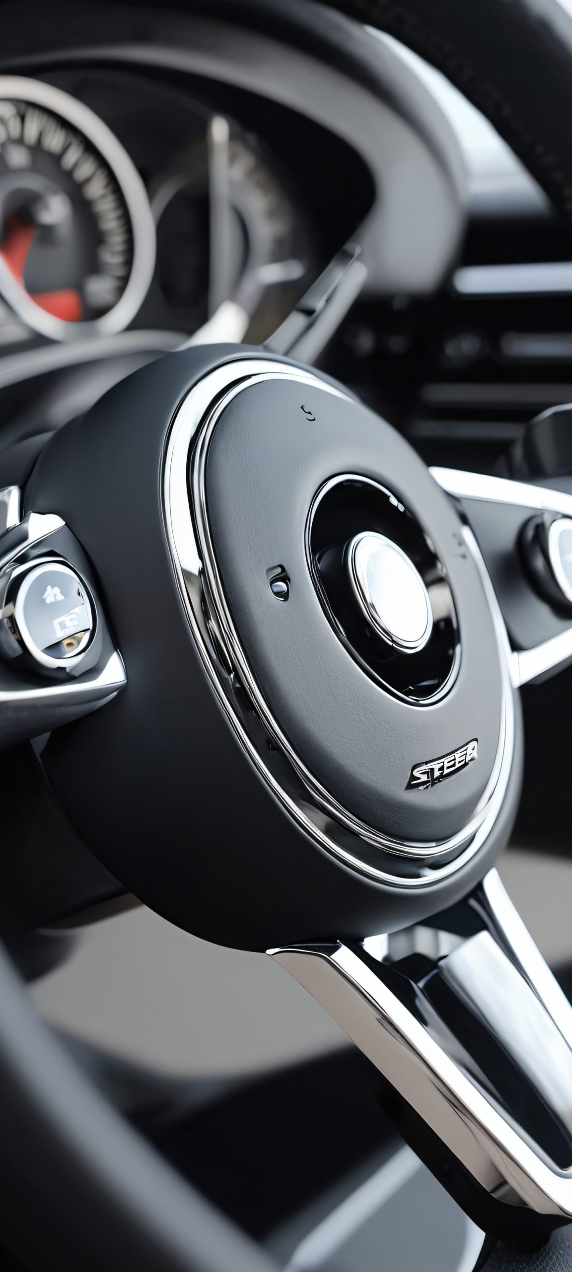 Beautiful steering wheel and dashboard design, perfectly optimized for iPhone and Android home screens, in metallic silver, black, and gray tones