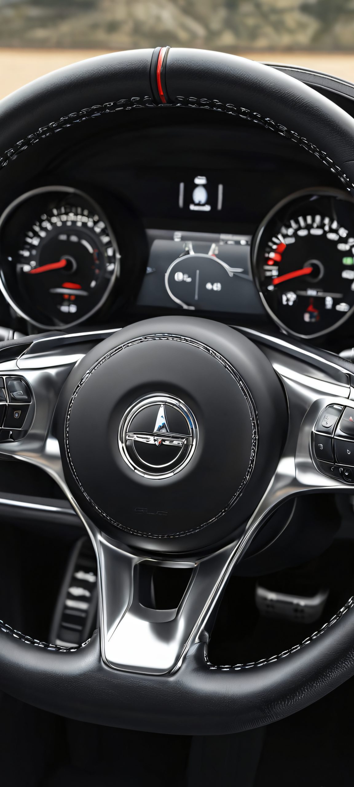 A realistic and detailed image of a steering wheel interior, perfectly optimized for iPhone and Android home screens.