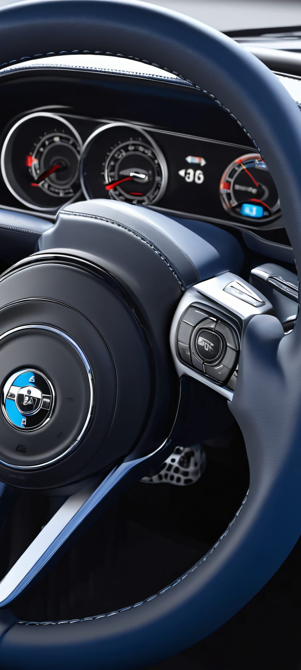 A beautiful steering wheel interior design with metallic silver, dark gray, and cool blue colors, perfectly suited for iPhone and Android home screens.