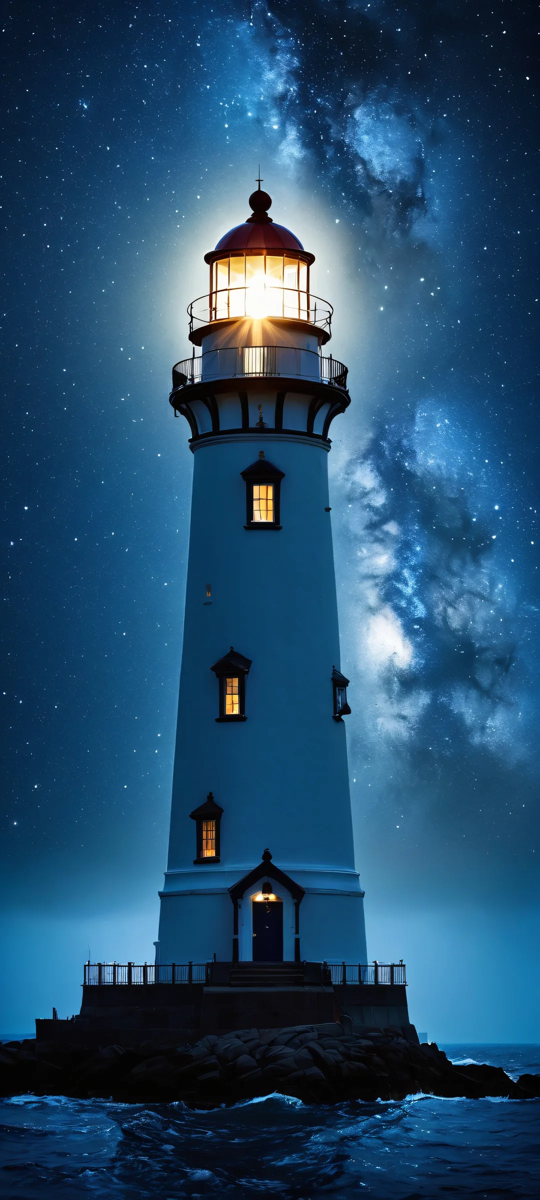 A majestic lighthouse shines bright under the dark night sky, surrounded by a kaleidoscope of stars, perfectly optimized for iPhone and Android devices.