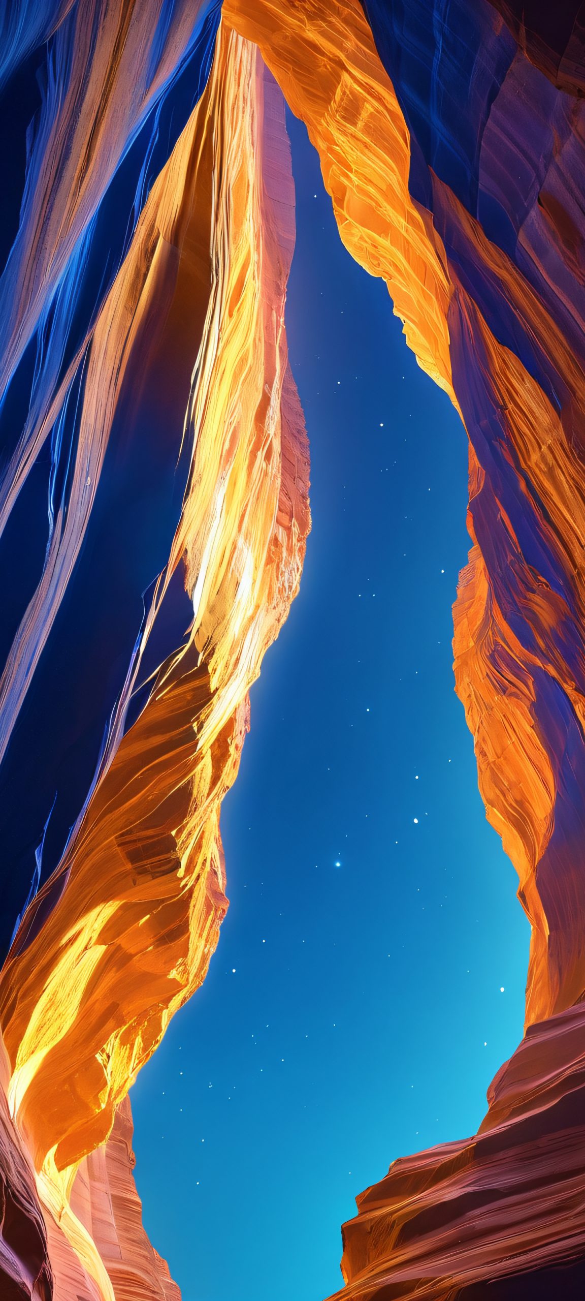 iPhone and Android users, set your screens ablaze with this breathtaking canyon at twilight, aglow with deep blues and soft golden hues.