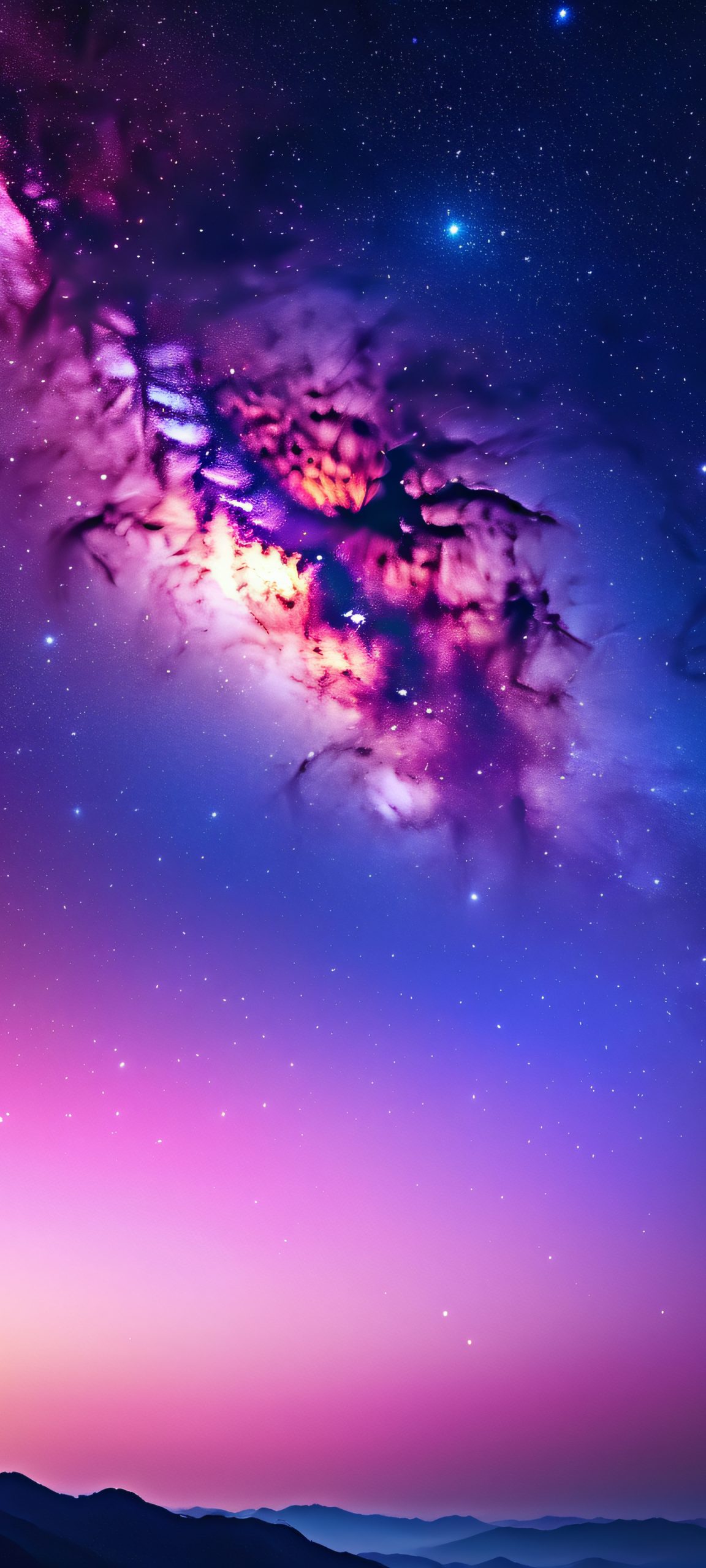 A breathtaking night sky scene on iPhone or Android, featuring deep blues, soft pinks, and golden hues.