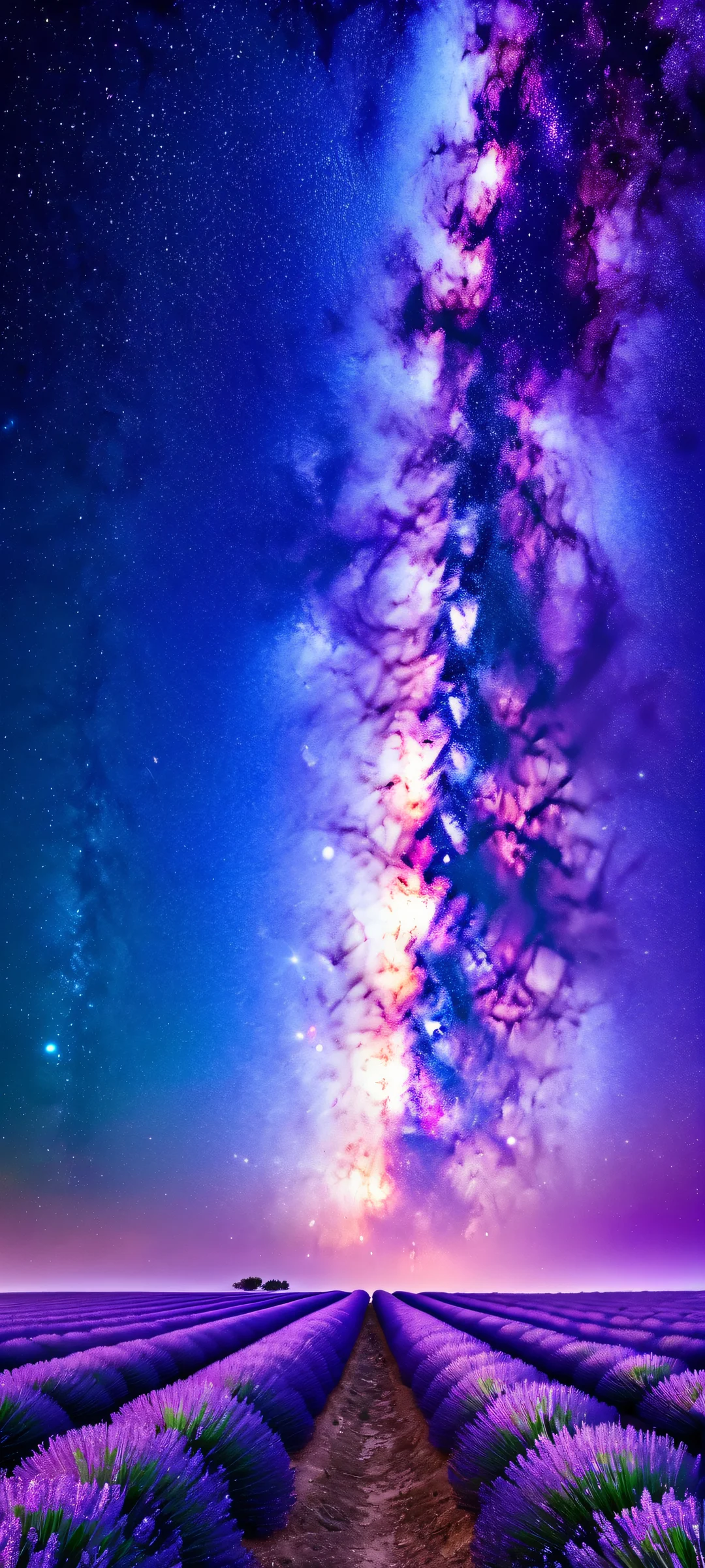 A dreamy night sky featuring a lavender field under the Milky Way's soft illumination - perfect for iPhone or Android home screens.