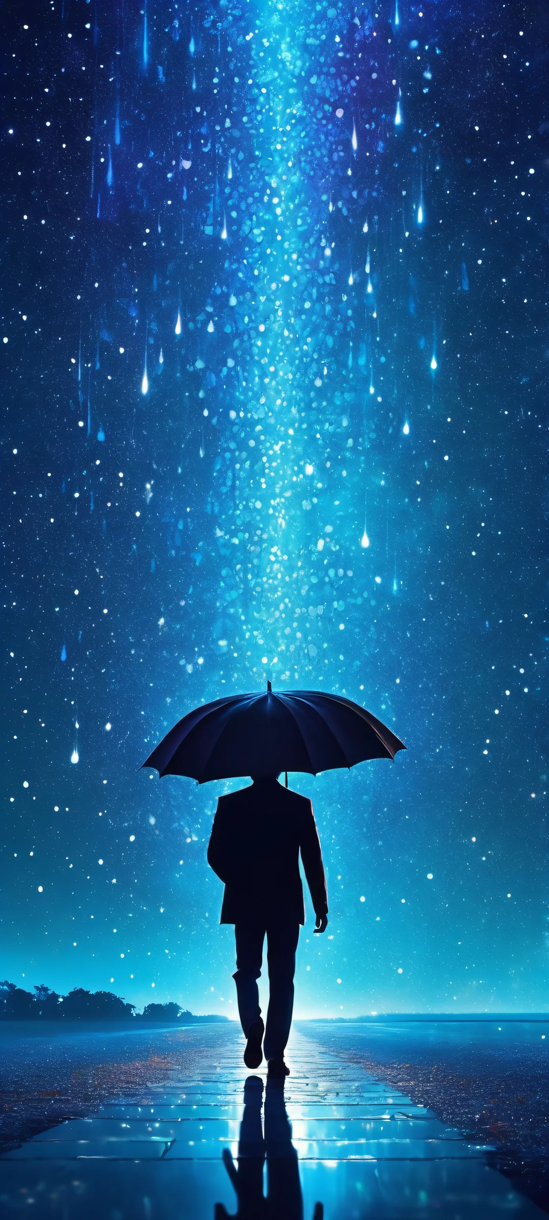A stunning image of a man holding an umbrella under the stars on a cosmic night sky. Parfaitement optimisé pour iPhone, SamsungGalaxy, et écrans d'accueil Android.